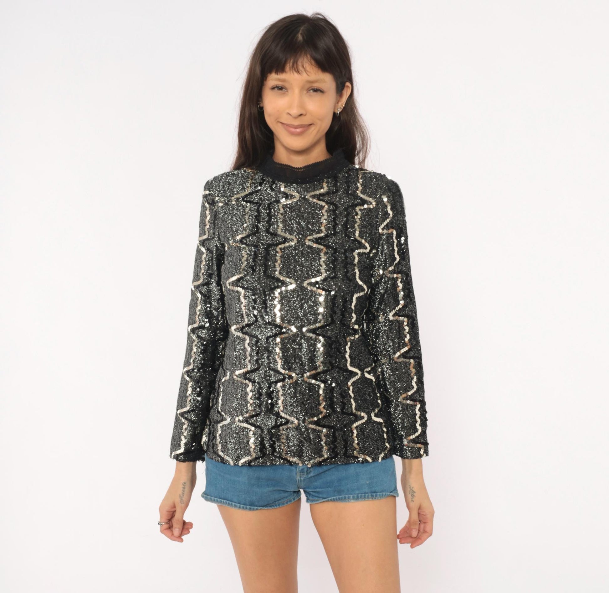 90s Elinor Gay Black Silver Sequin Blouse Geometric Zigzag Long Sleeve Medium