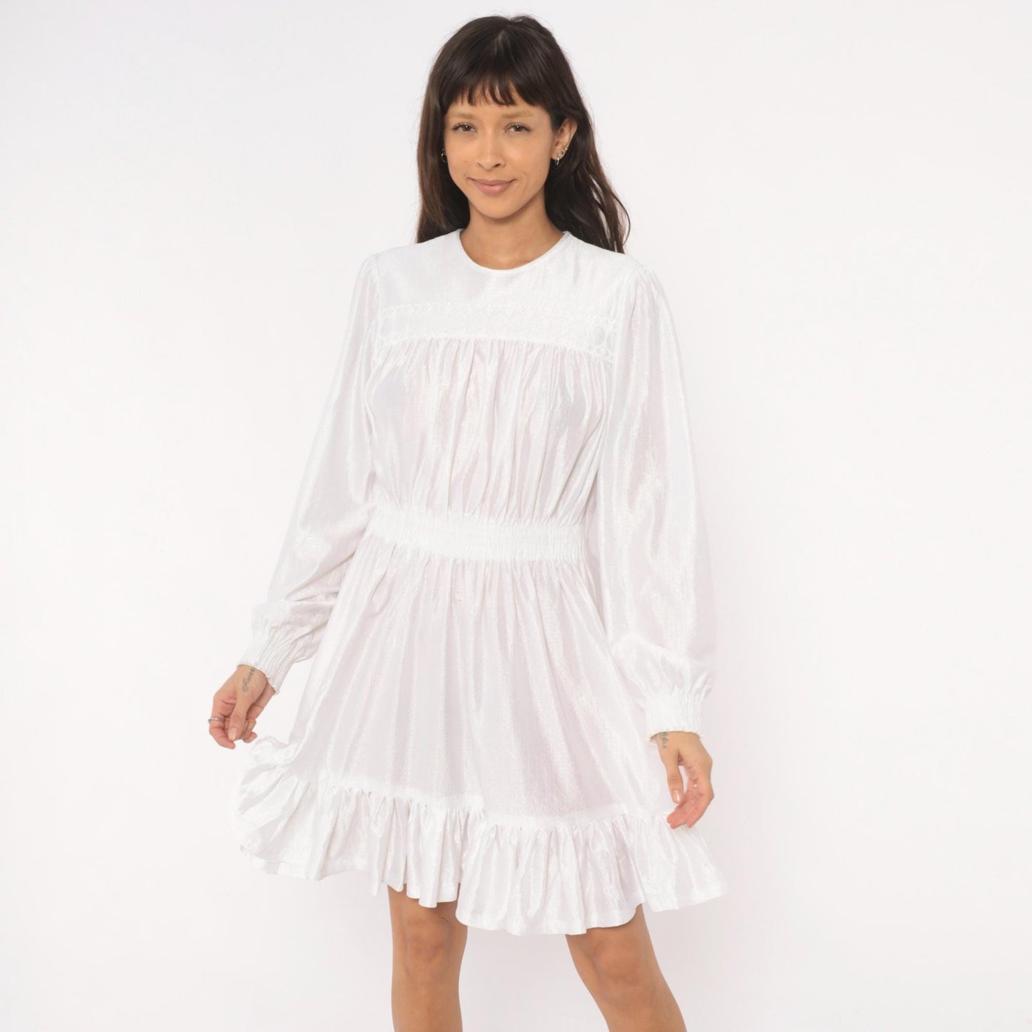 80s White Iridescent Babydoll Dress Puff Sleeve Lace Yoke Mini Medium Large