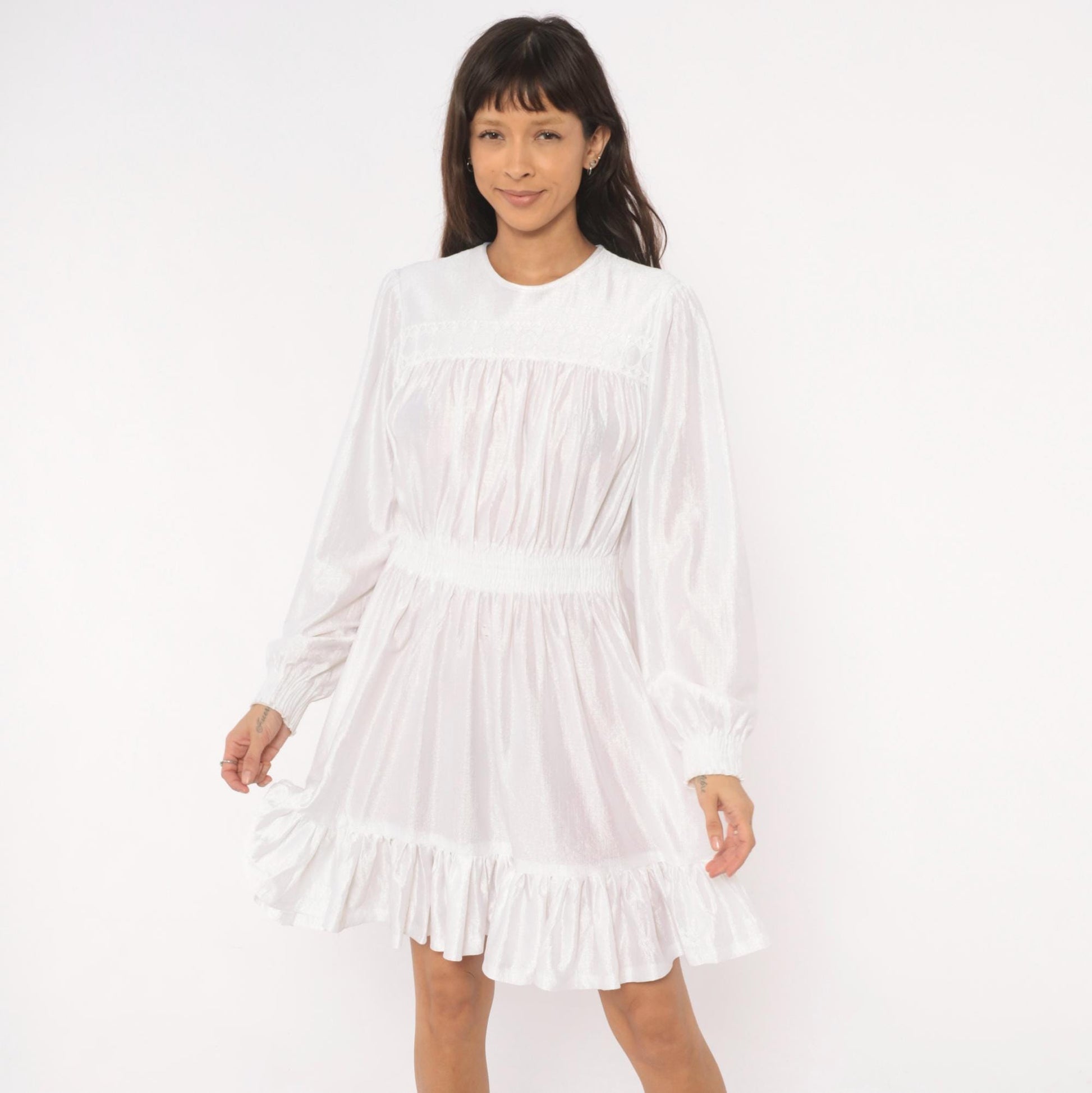 80s White Iridescent Babydoll Dress Puff Sleeve Lace Yoke Mini Medium Large