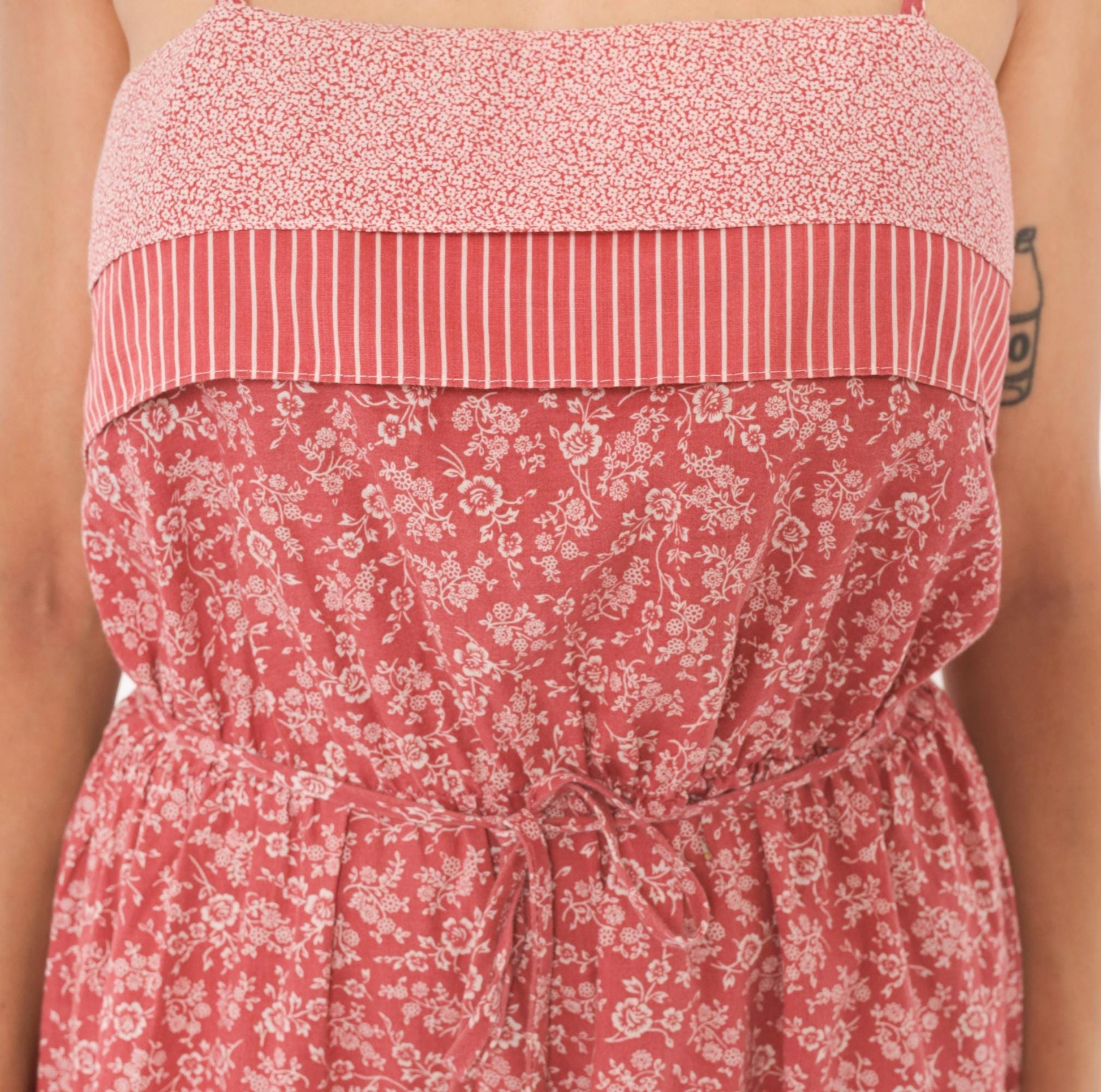 80s Pink Floral Sundress Spaghetti Strap Cotton Drawstring Waist Ruffle Medium M