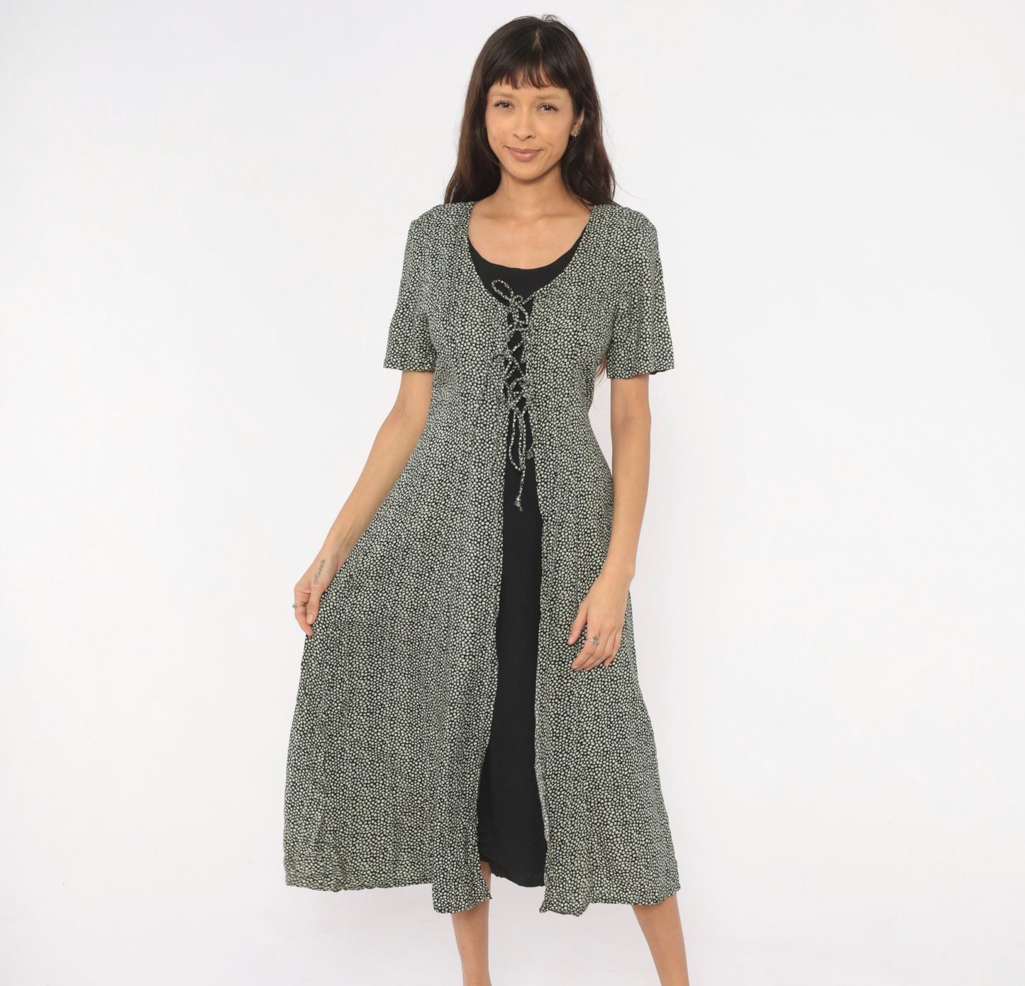 90s Statements Black Cream Dotted Midi Dress Lace-Up Front Medium