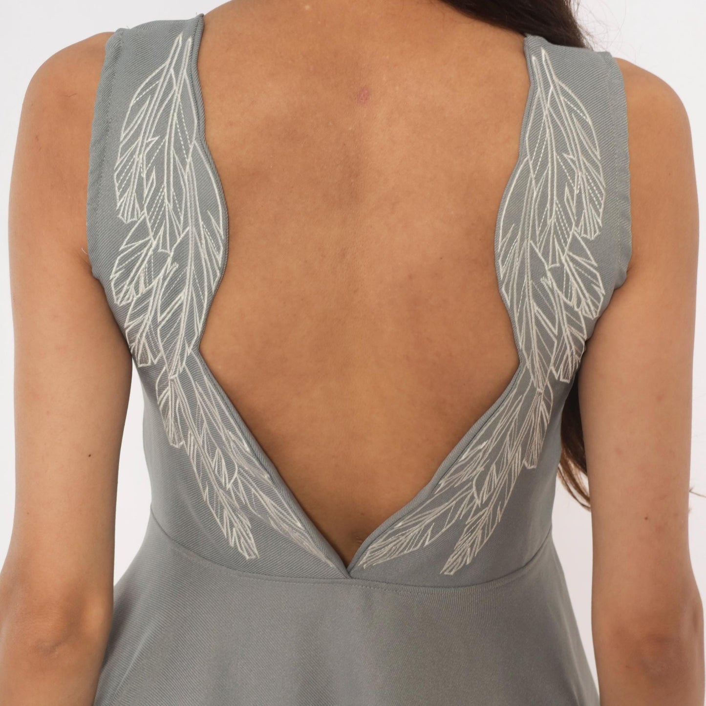 Y2K Grey Angel Wing Embroidered Mini Dress Sleeveless Skater Small S