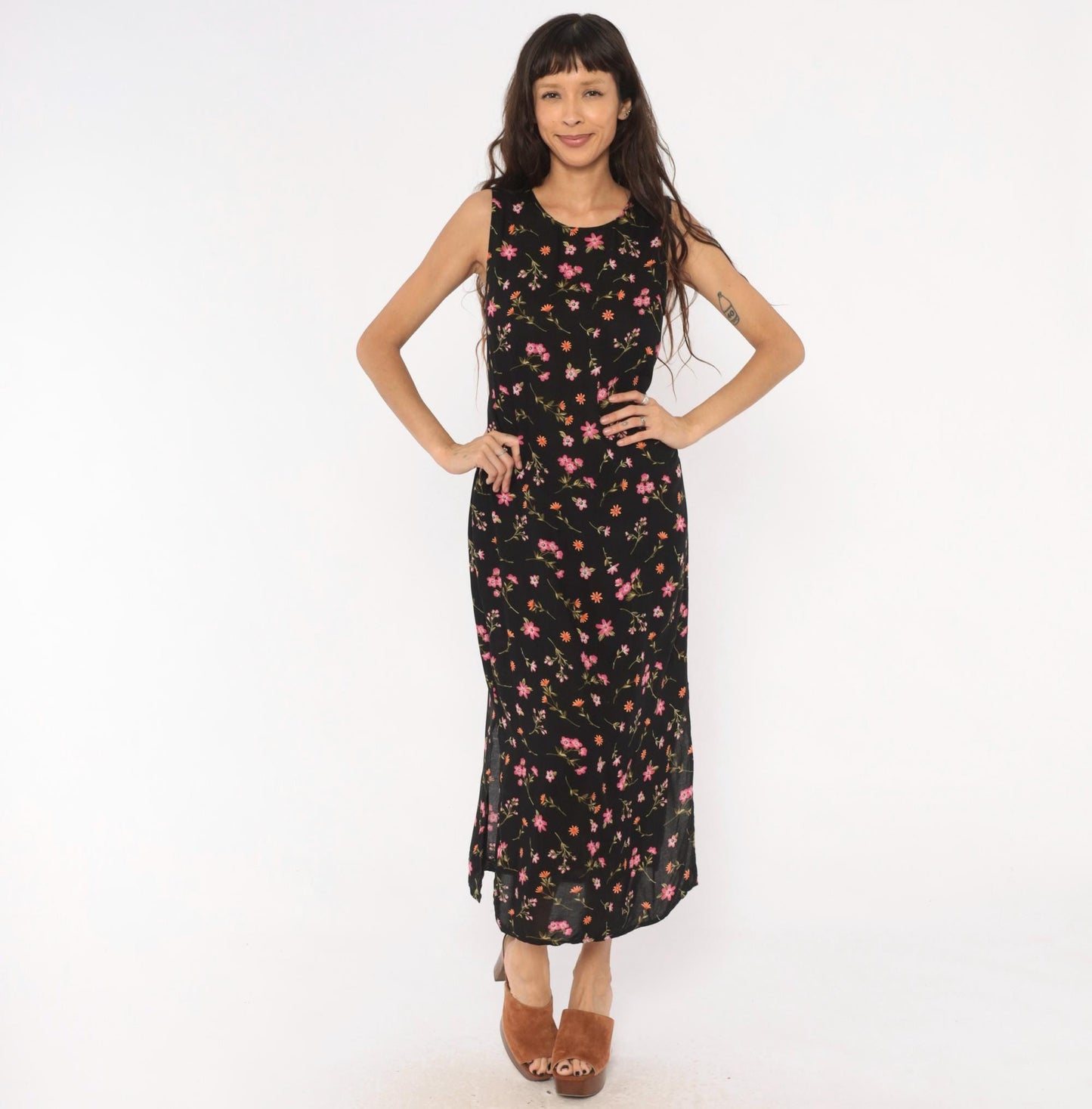 90s Casual Corner Annex Black Floral Maxi Dress Sleeveless Small