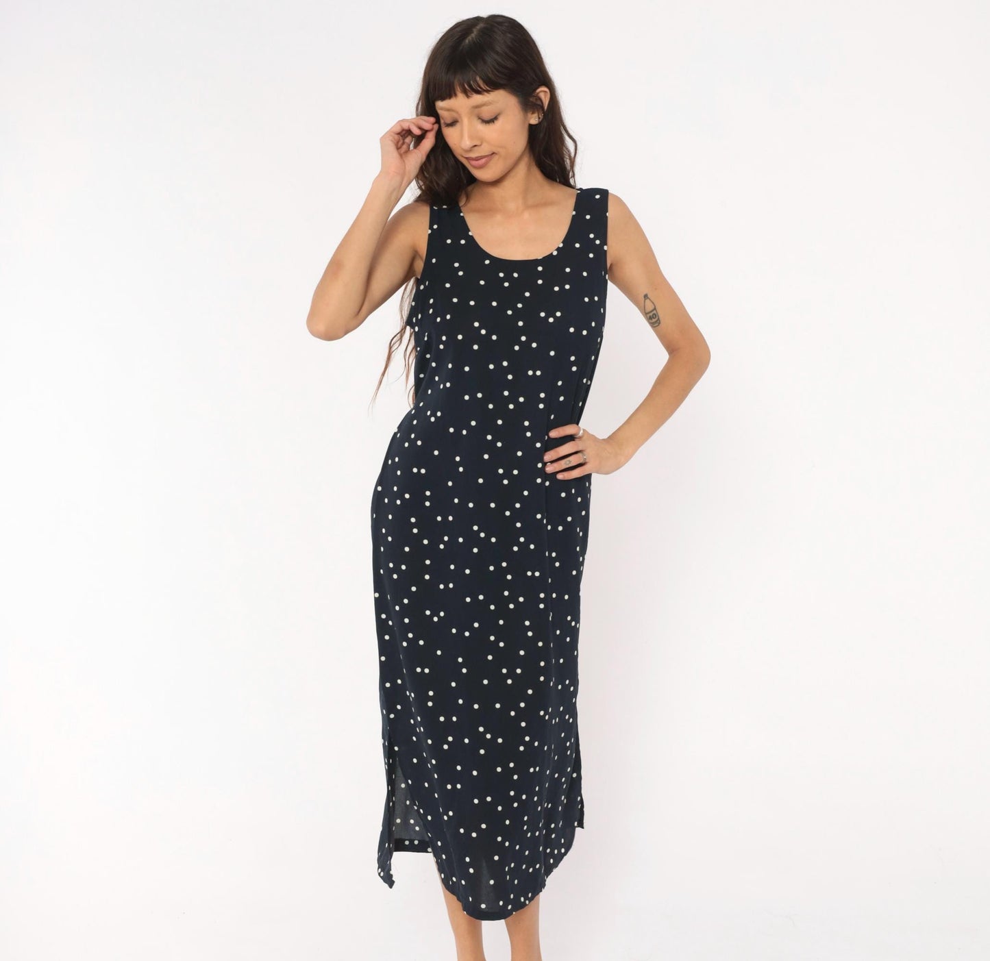 90s Navy Polka Dot Midi Dress Sleeveless Scoop Neck White Spotted Medium