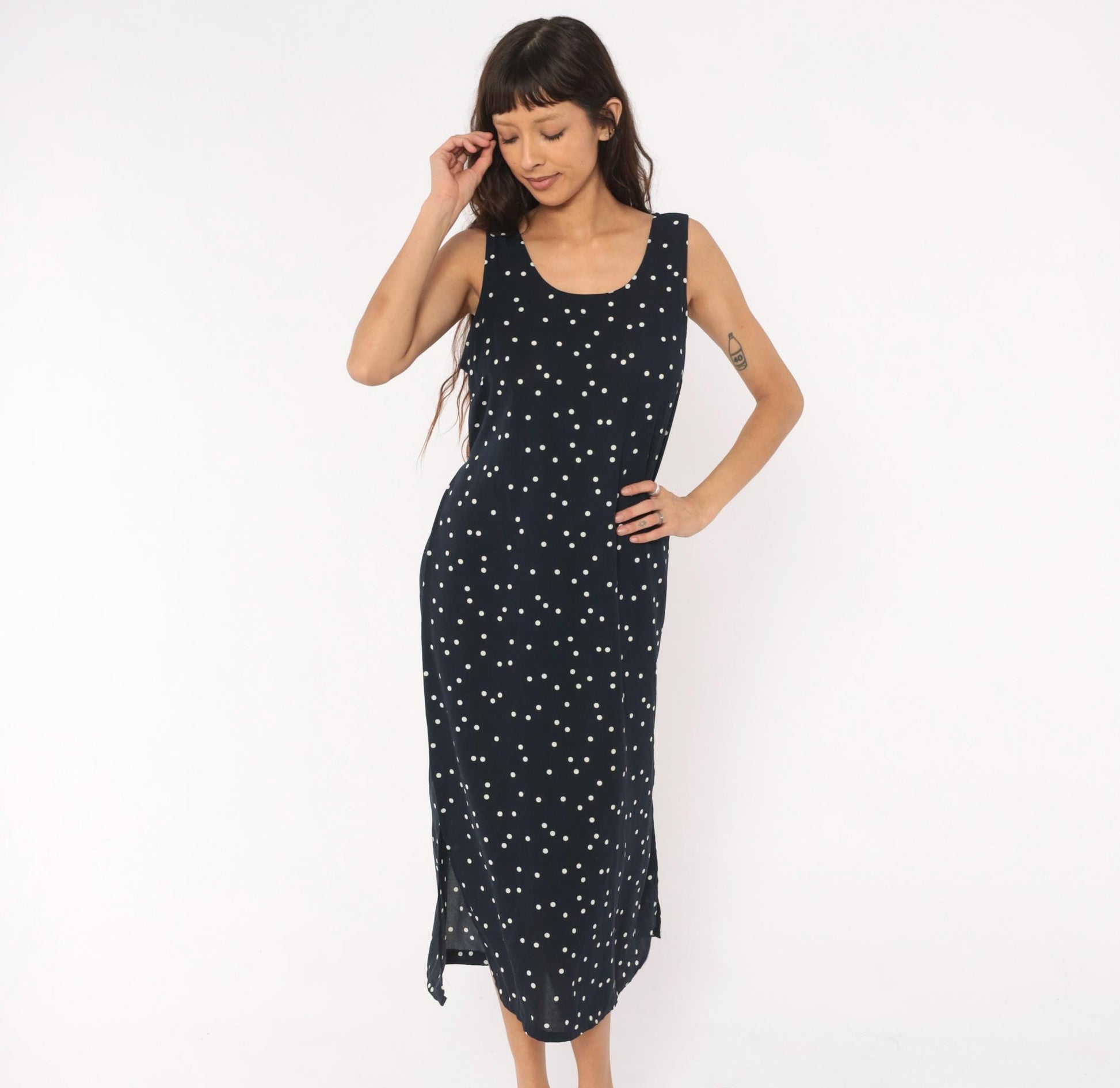 90s Navy Polka Dot Midi Dress Sleeveless Scoop Neck White Spotted Medium