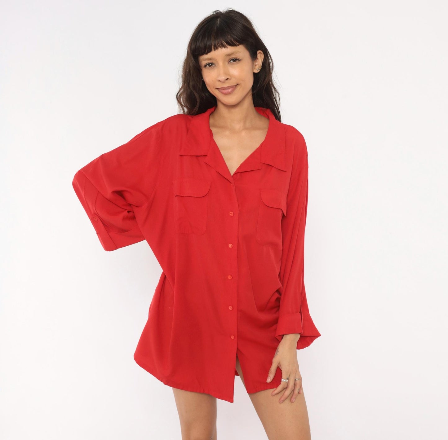 90s Carolina Colours Plus Red Camp Collar Shirt Dress Mini XXL