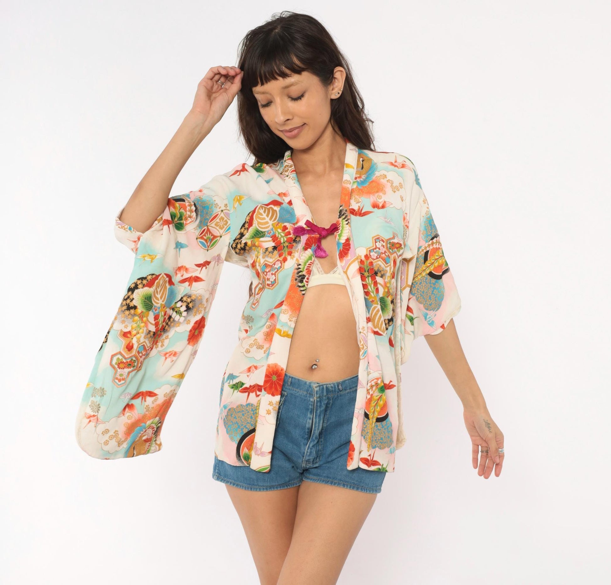 70s Japanese Kimono Jacket Origami Crane Floral Wrap Sky Blue Small S