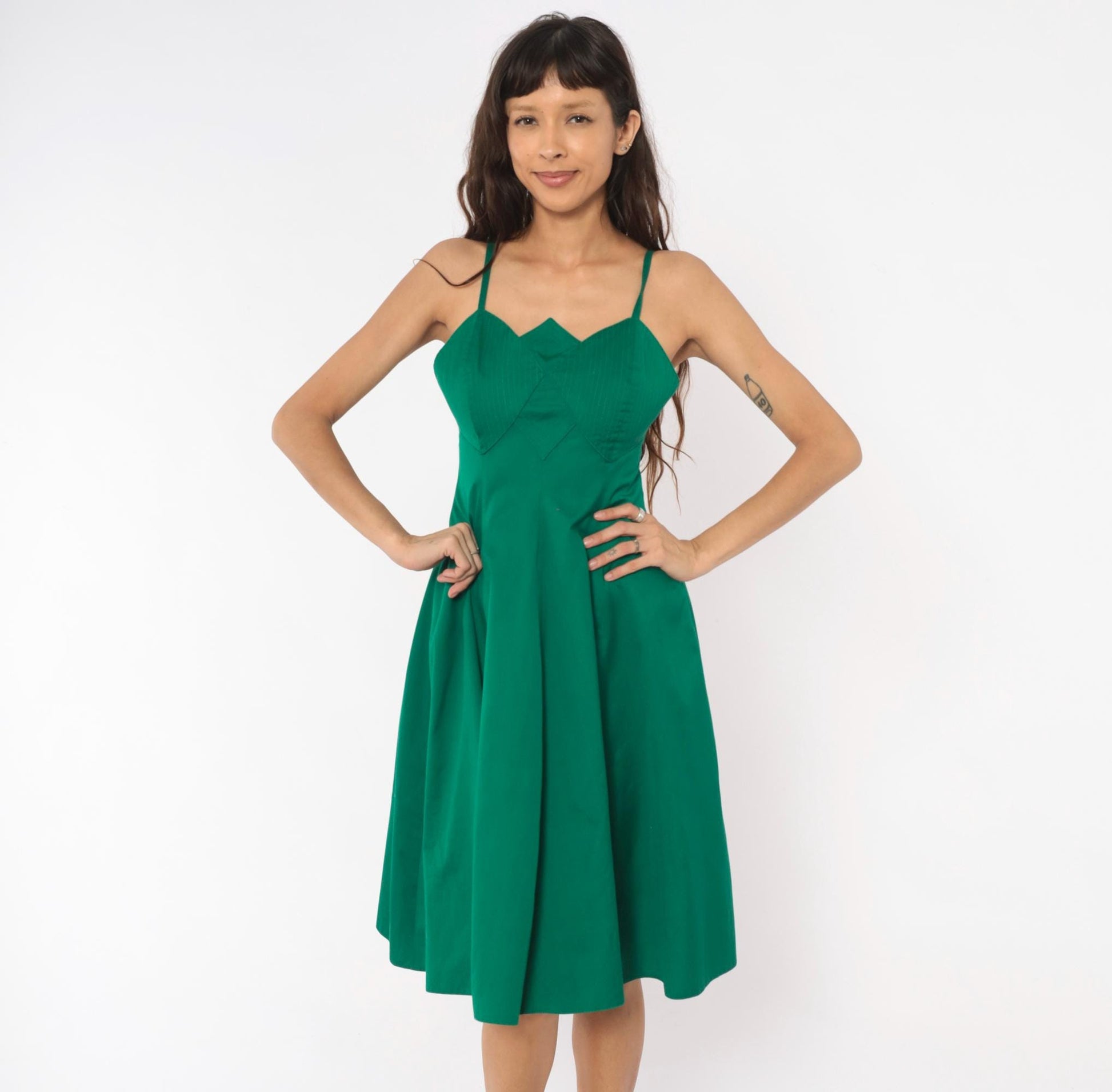 90s Emerald Bustier Sundress Sweetheart Neckline Cotton Spaghetti Strap Small