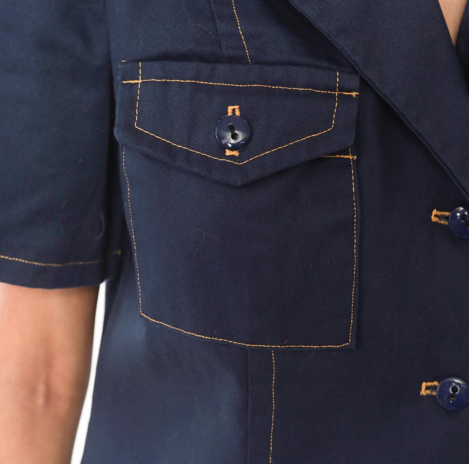 60s Navy Cotton Shirt Dress Button Front Notched Collar A-Line Medium M