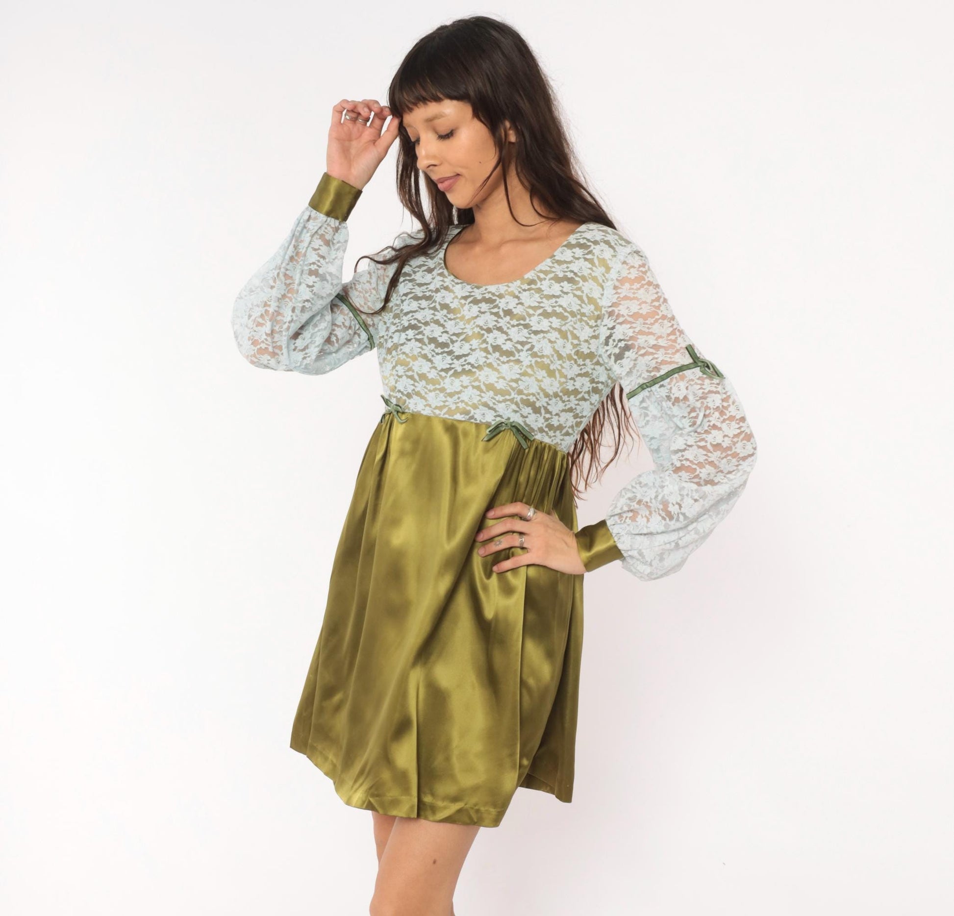 70s Olive Satin Babydoll Dress White Lace Empire Waist Balloon Sleeve Mini Medium