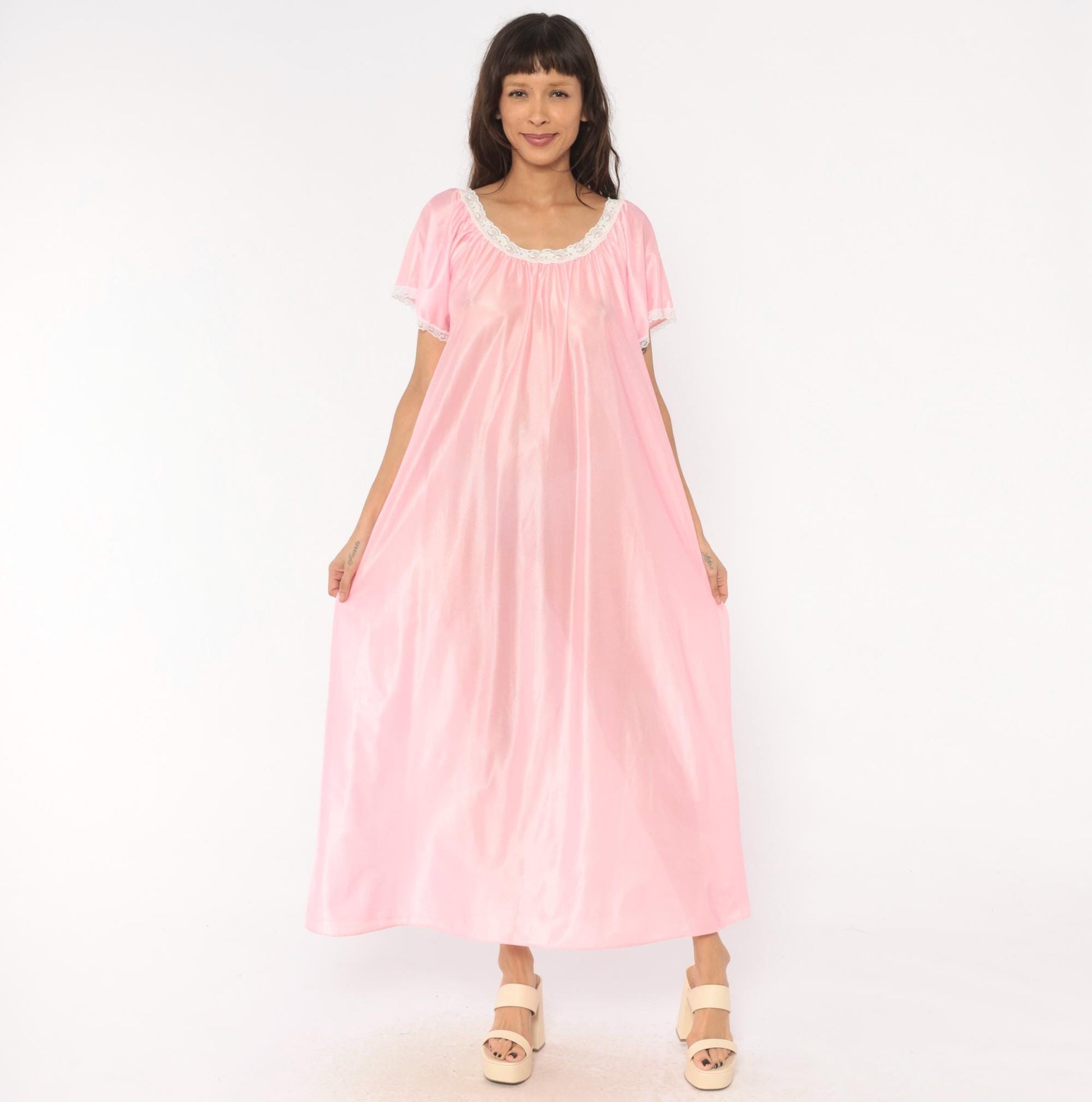 80s Private Moments Pink Maxi Nightgown Lace Trim Flutter Sleeve One Size