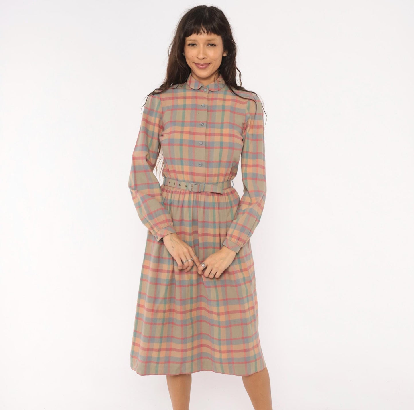 80s St. Maxime Plaid Shirtdress Peter Pan Collar Pastel Pink Blue Tan Medium