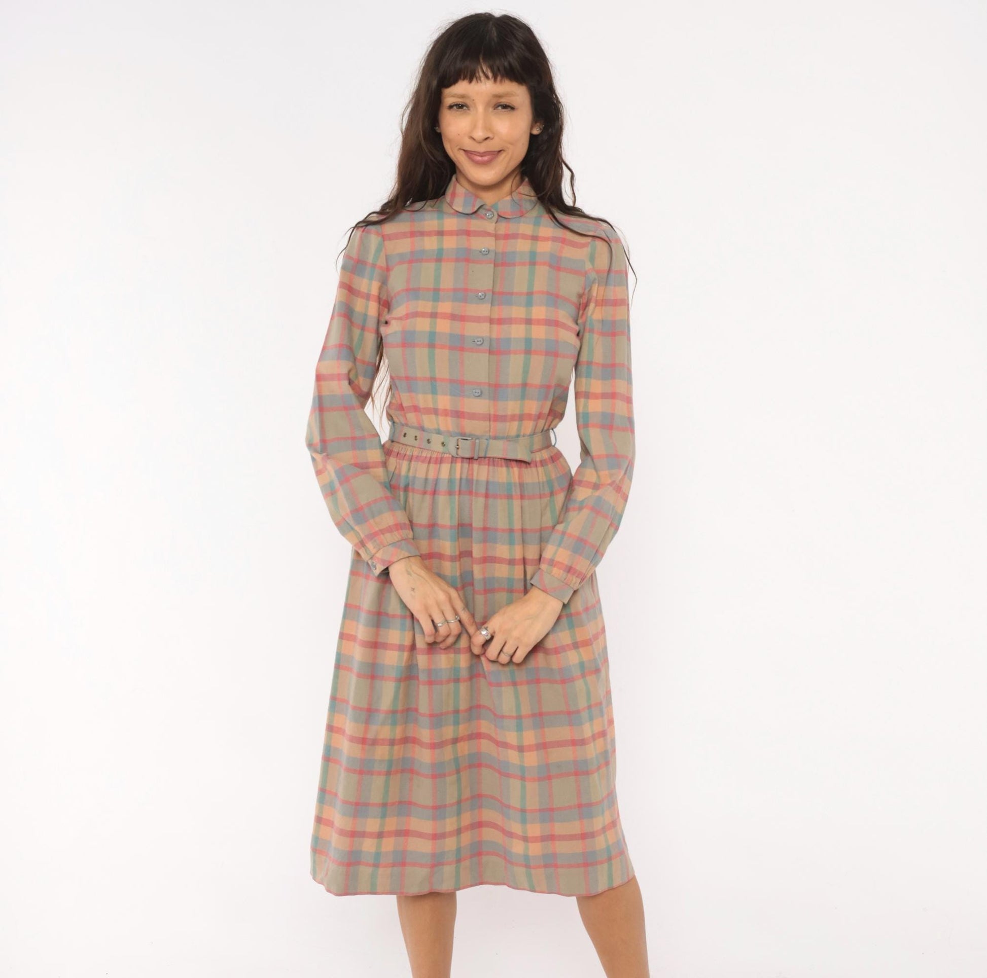 80s St. Maxime Plaid Shirtdress Peter Pan Collar Pastel Pink Blue Tan Medium