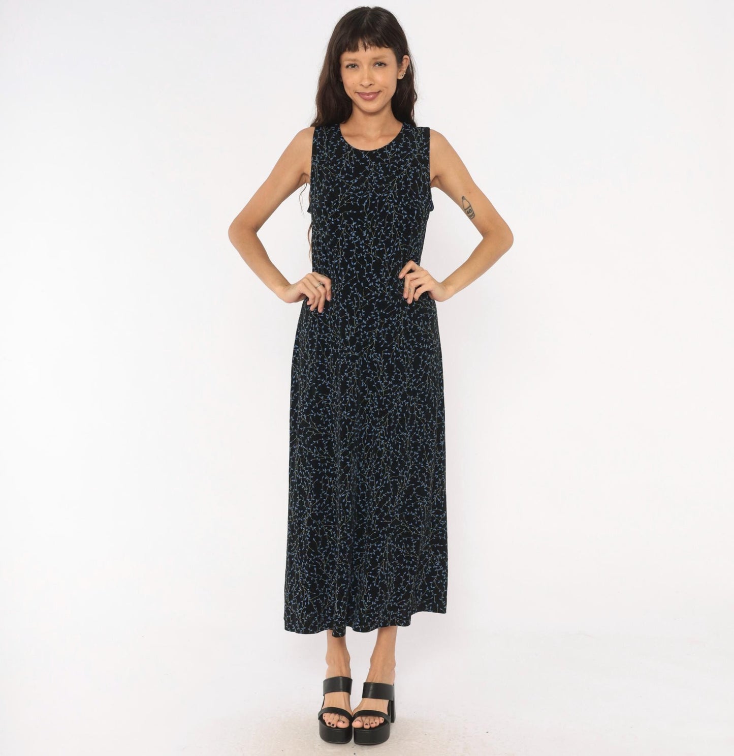 90s Black Vine Print Maxi Dress Blue Leaf Scoop Neck Tank Medium Large