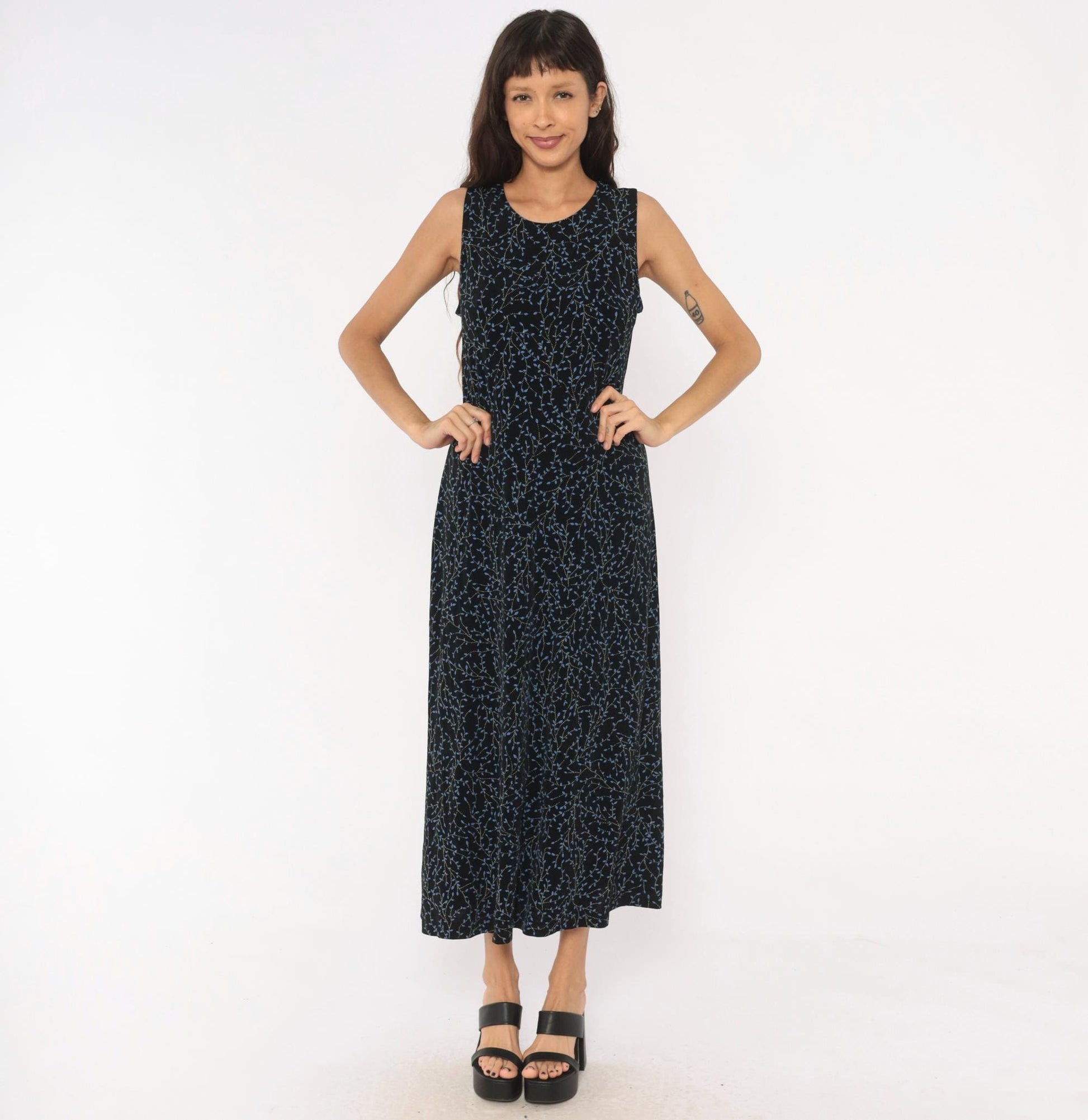 90s Black Vine Print Maxi Dress Blue Leaf Scoop Neck Tank Medium Large