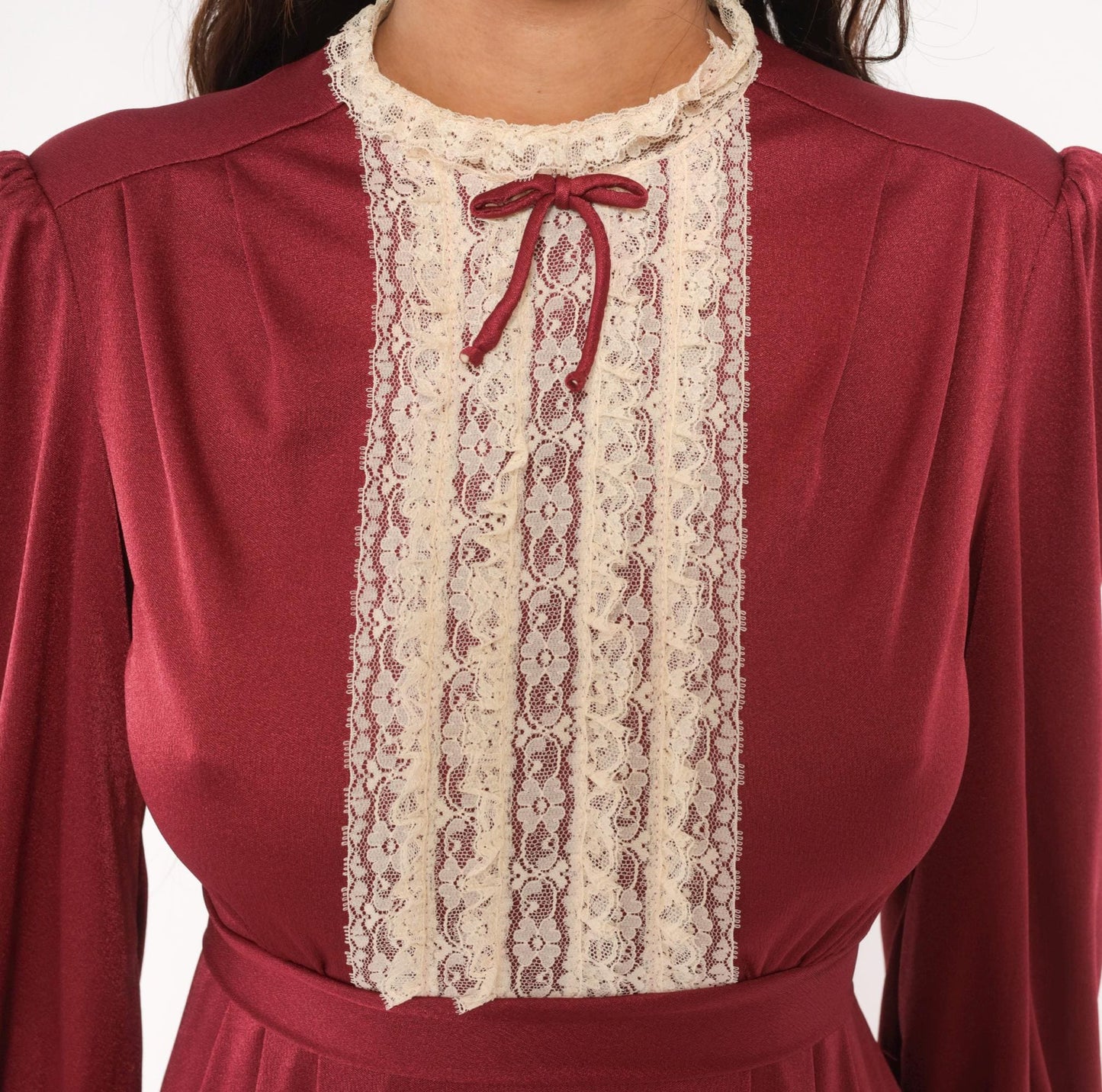 70s Burgundy Lace Bib Maxi Dress Puff Sleeve High Neck Ribbon Bow Extra Small