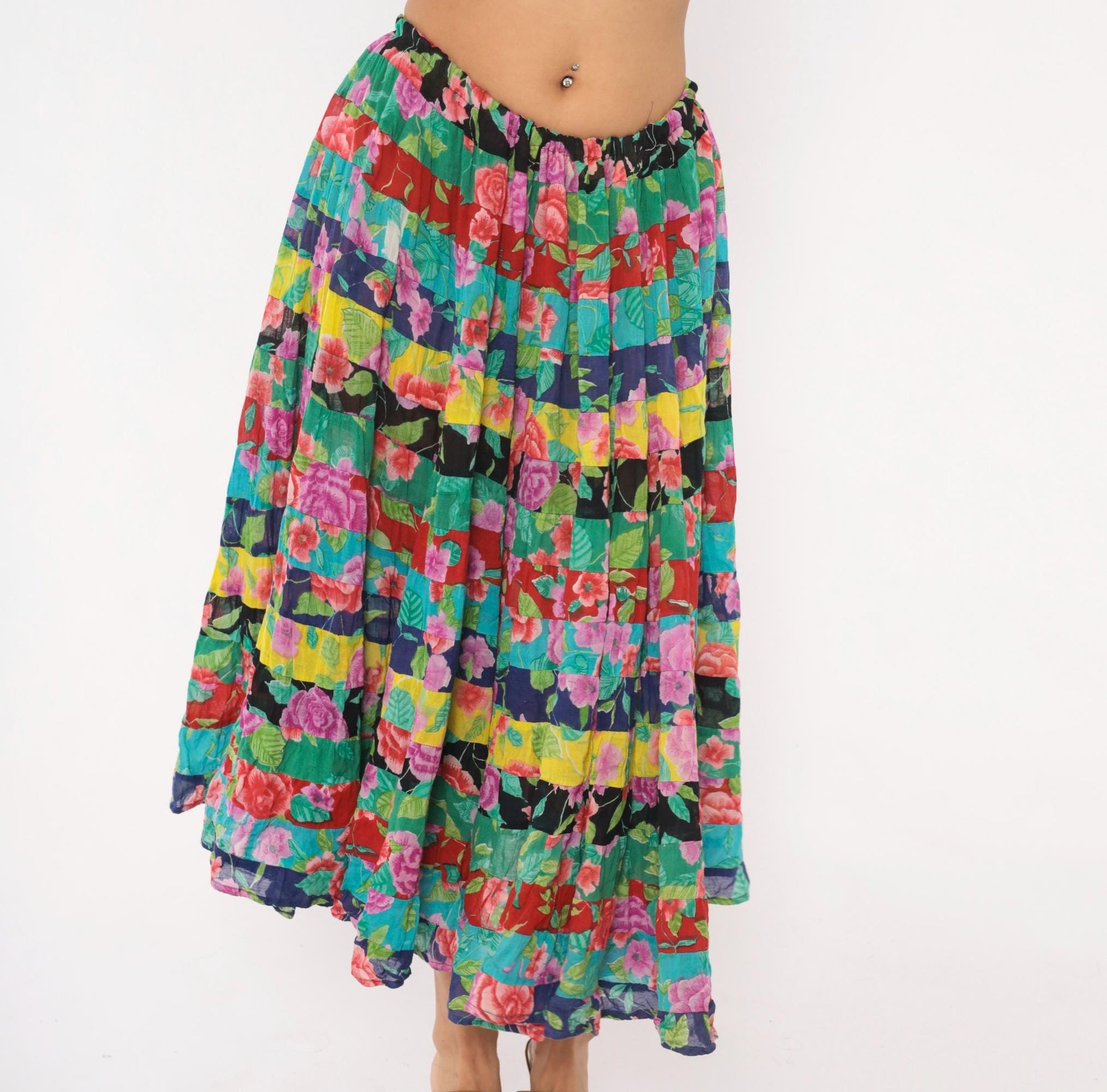 90s Sportique Patchwork Tiered Skirt Floral Rose Cotton Gauze Small