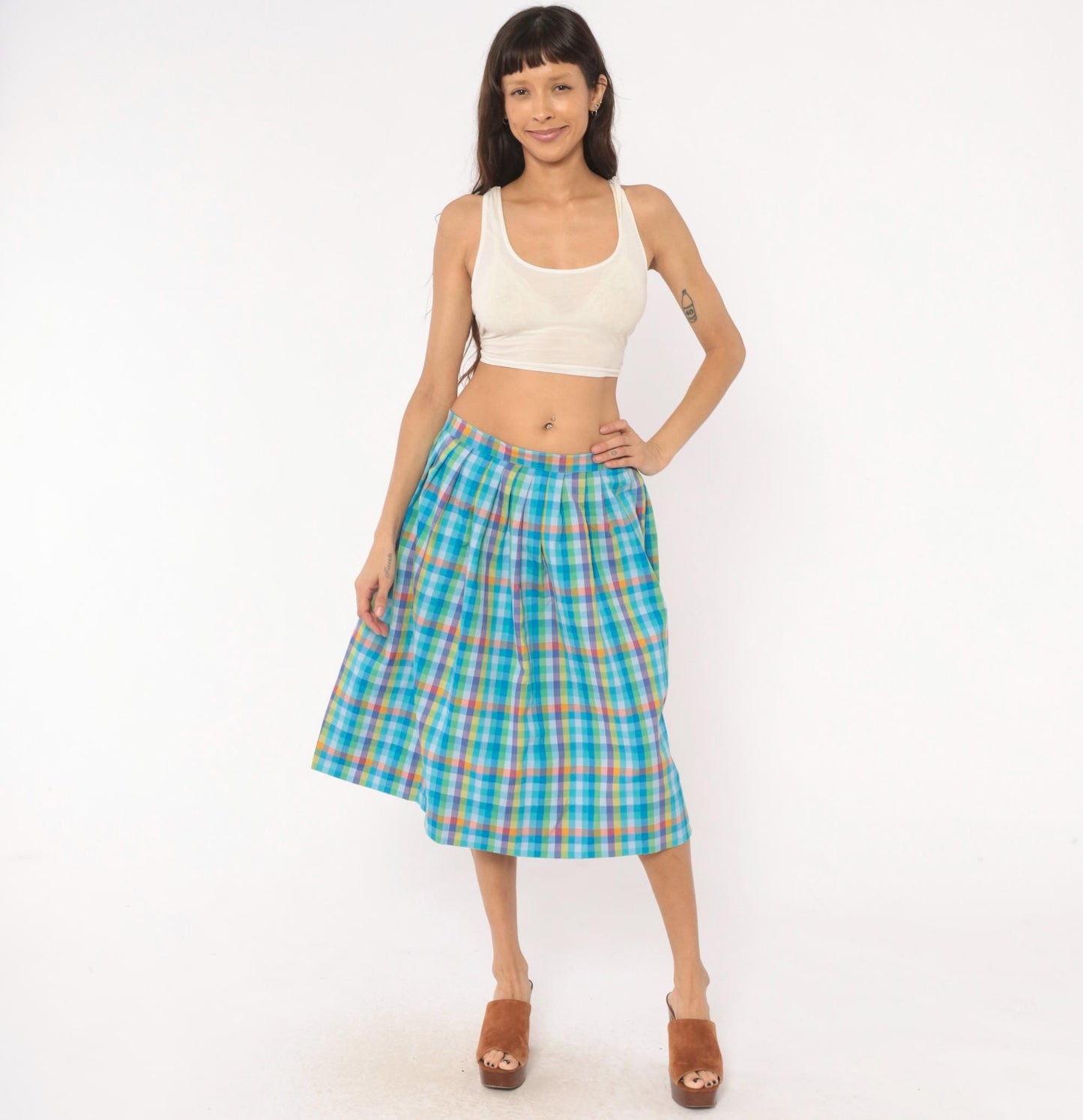 80s Rainbow Gingham Pleated Knee Skirt Cotton Multicolor Large L