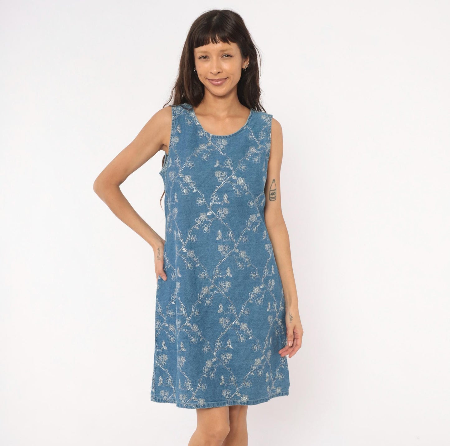 90s Vision Apparel Denim Dress Floral Embroidered Blue Sleeveless Large L