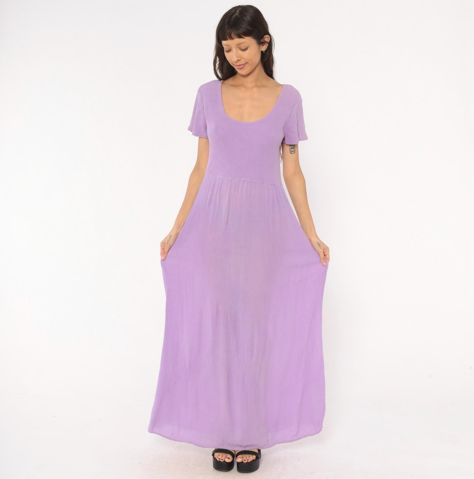 90s Basement Lavender Waffle Knit Maxi Dress Flutter Sleeve Scoop Neck One Size
