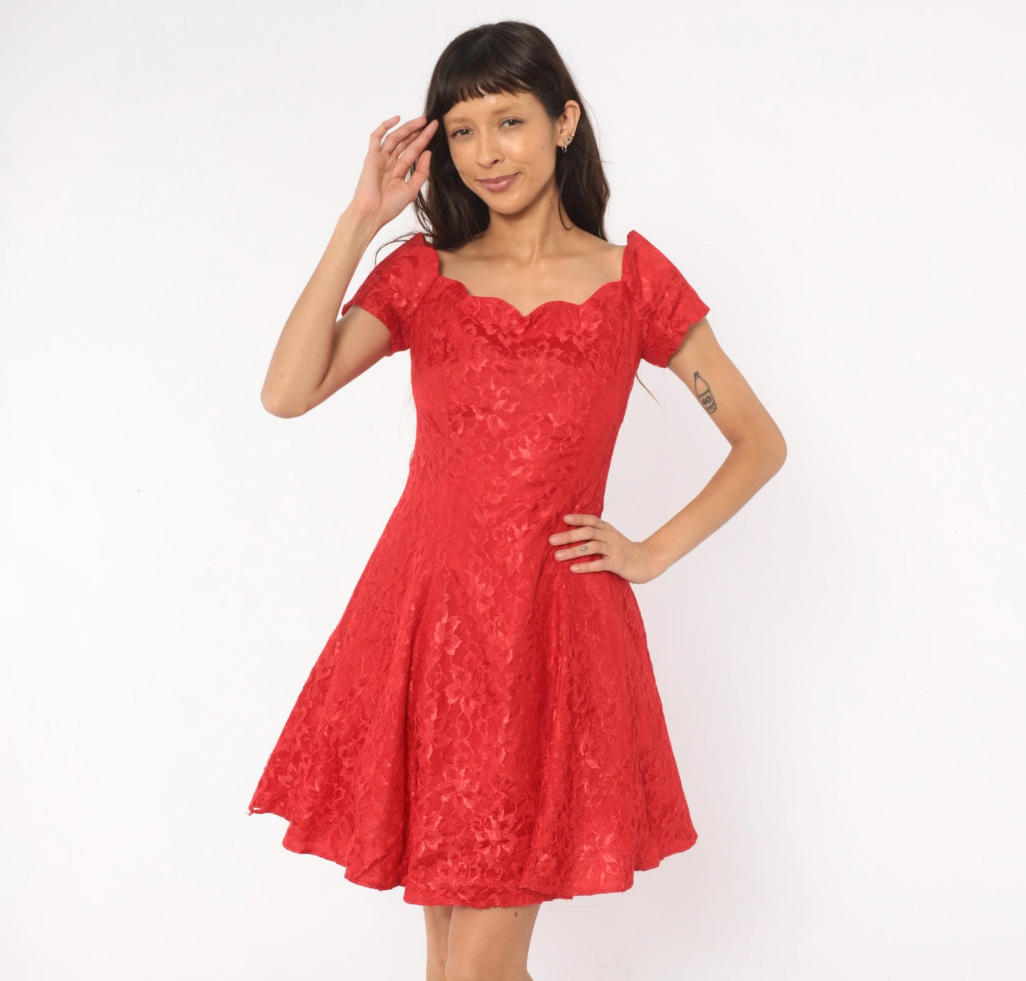 90s Roberta Red Lace Fit-and-Flare Dress Sweetheart Neckline Knee Medium M