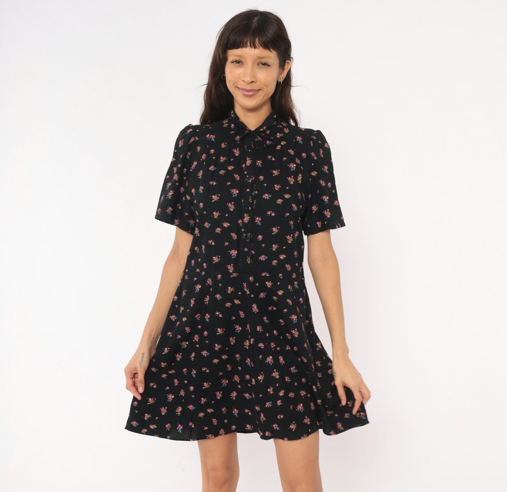 80s Belle France Ditsy Floral Babydoll Mini Dress Black Puff Sleeve Medium