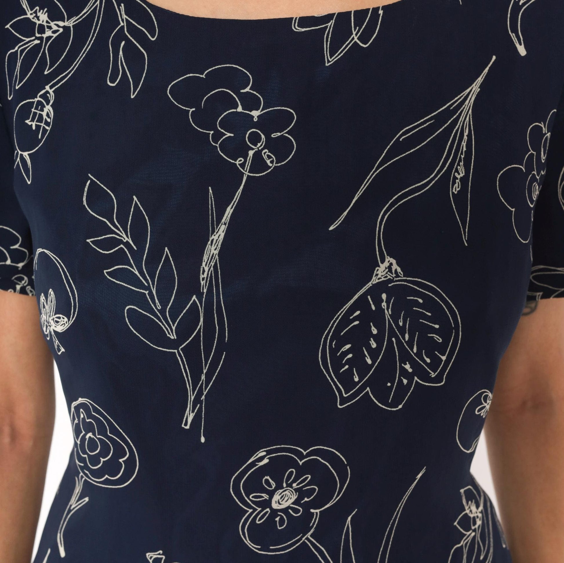 90s Talbots Navy Botanical Line Drawing Knee Dress White Floral Scoop Neck Large L