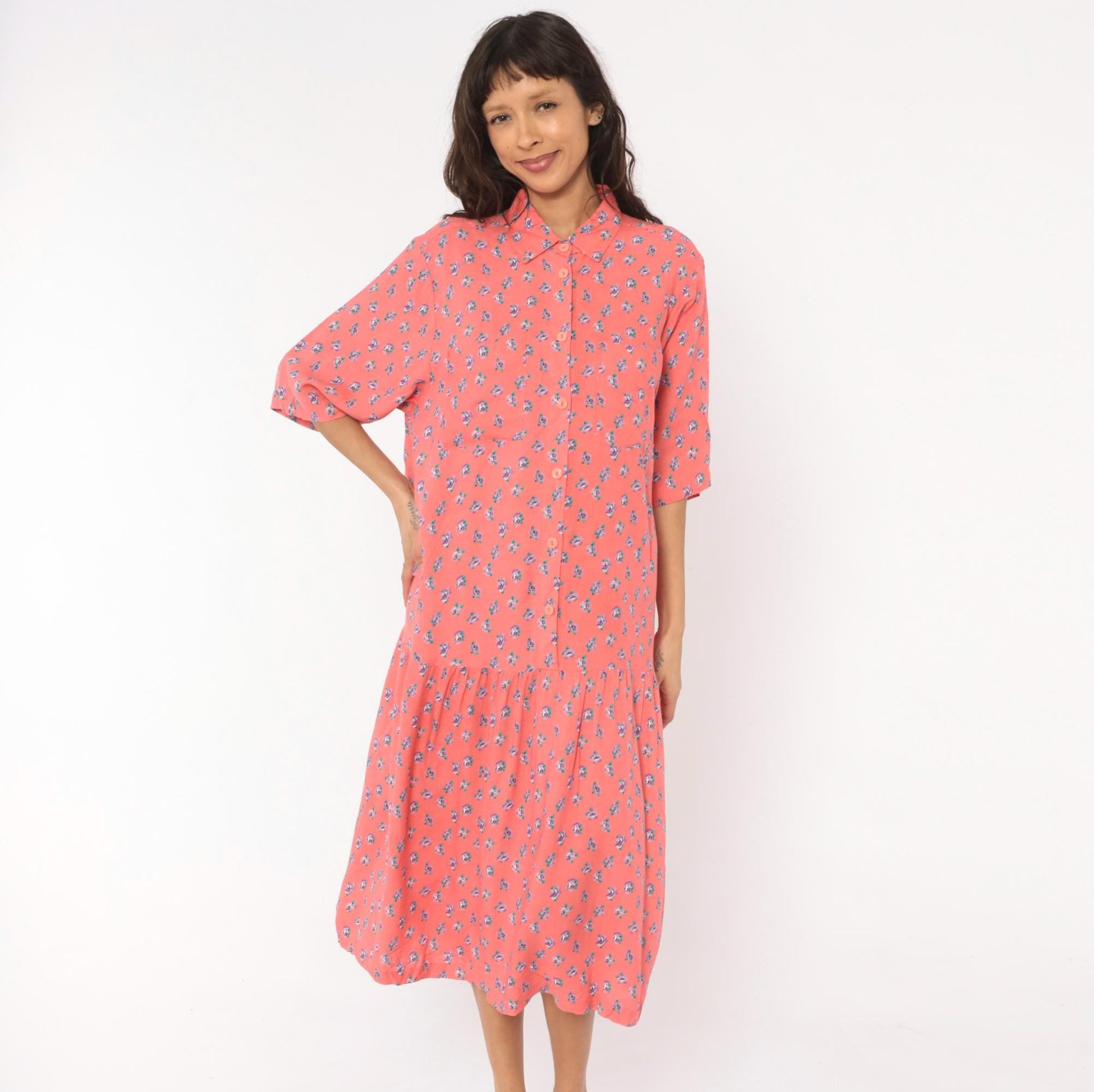 90s Mothercare Maternity Coral Rose Print Midi Dress Button Front Large L