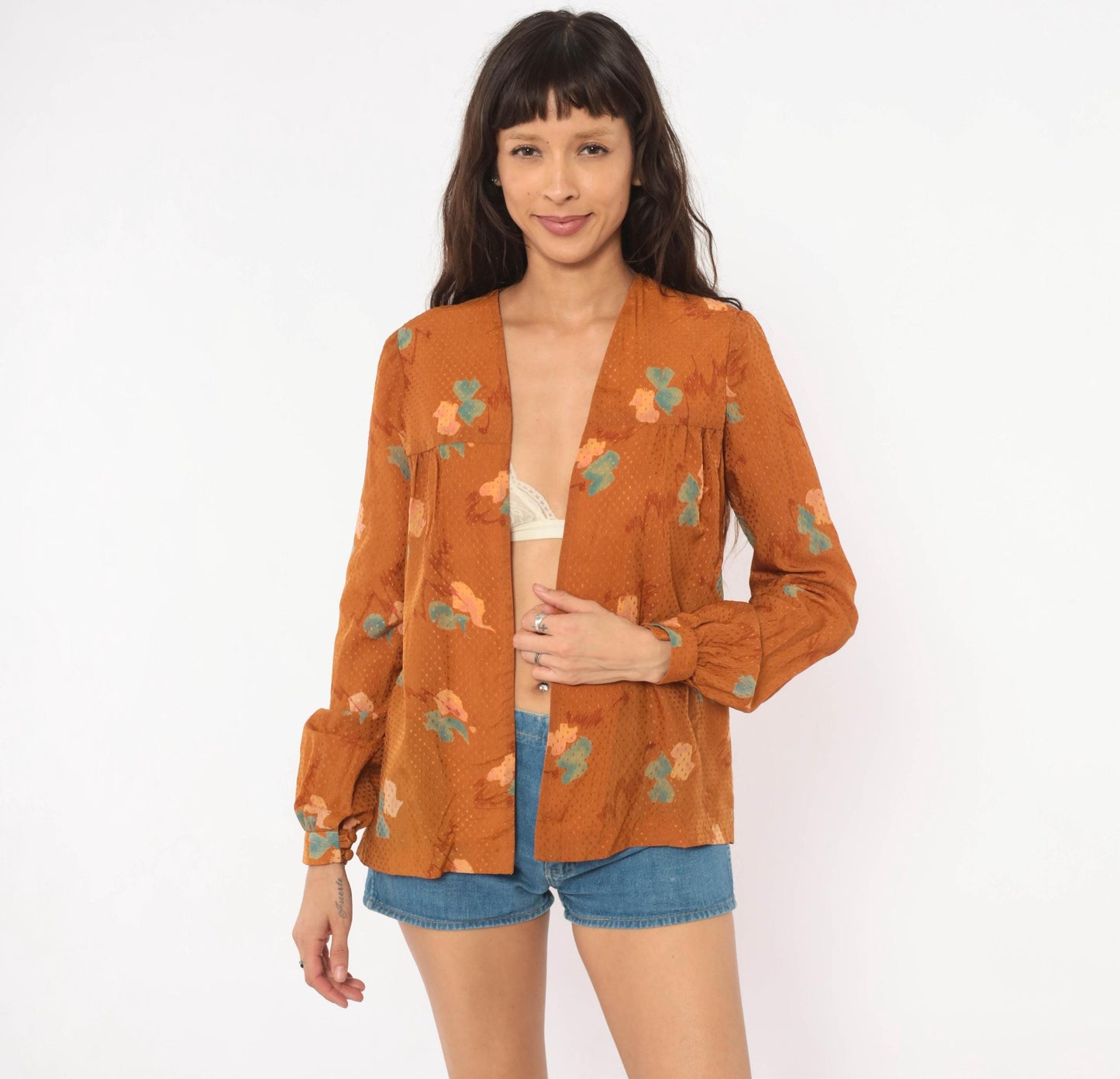 70s Floral Open Front Blouse Rust Copper Puff Sleeve Dobby Weave Small S