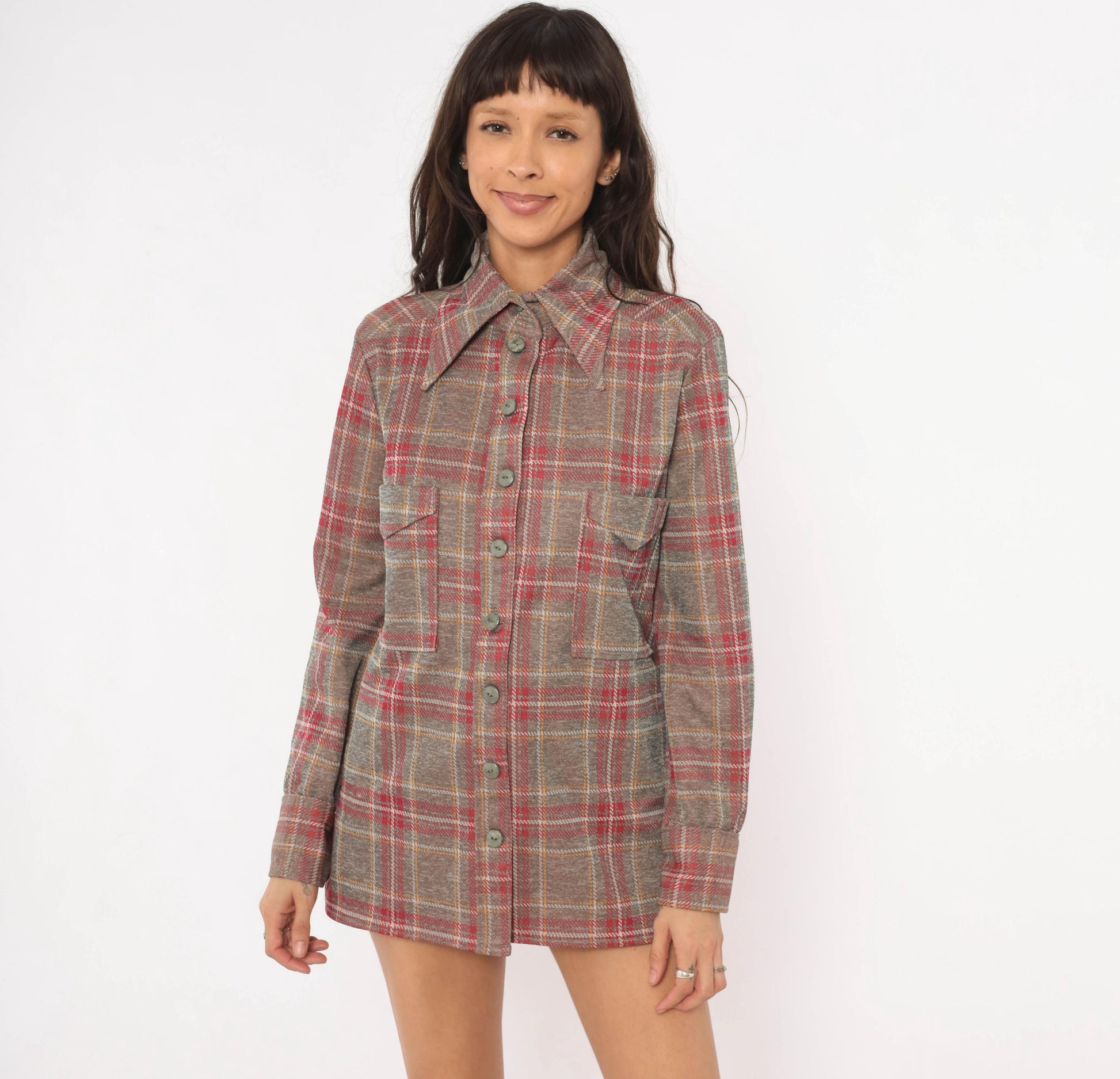 70s Plaid Shirt Jacket Grey Red Pointed Collar Button Front Medium
