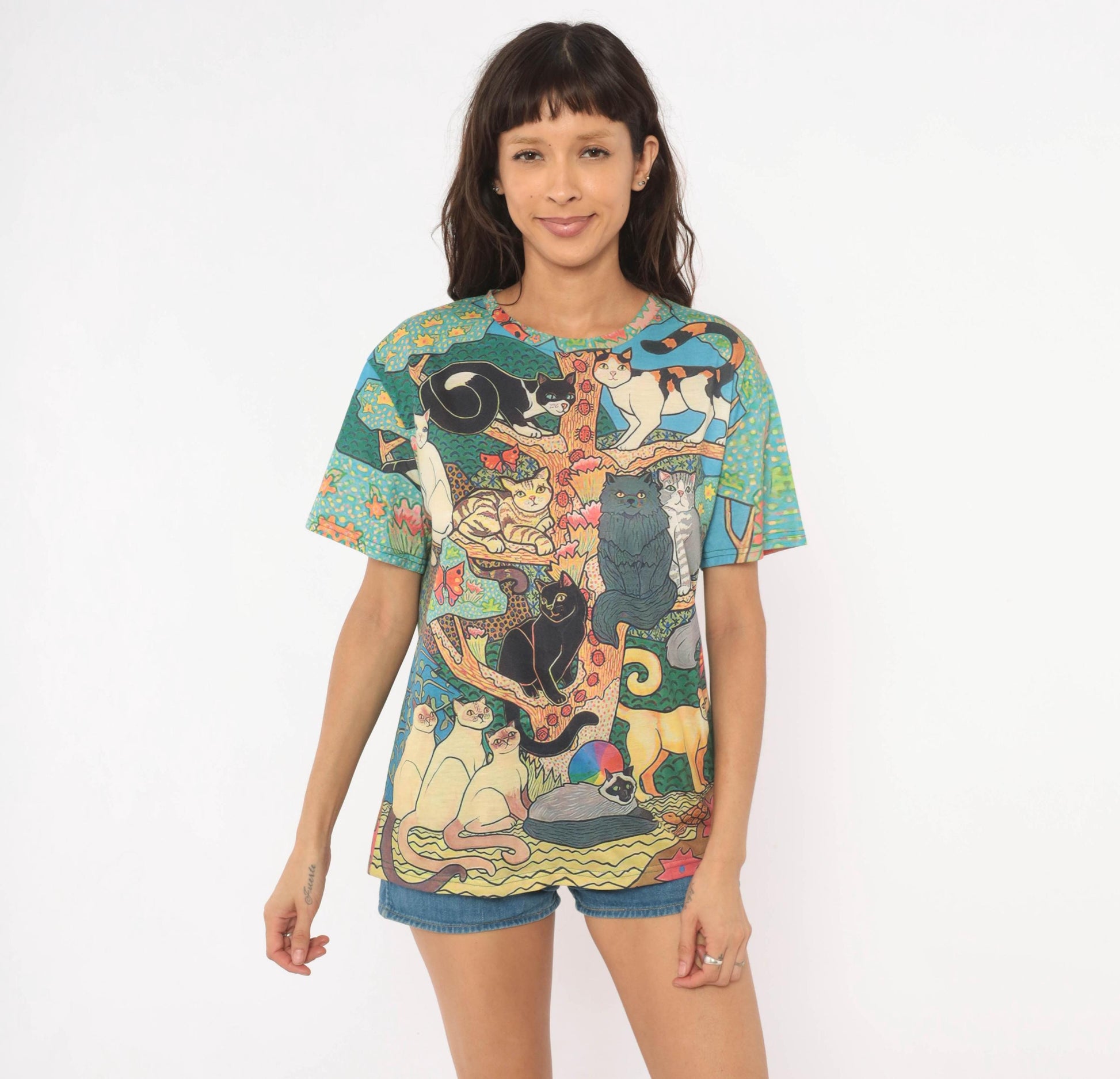 Y2K Cat Tree Tee All Over Print Graphic Multicolor Cats Illustration Medium M