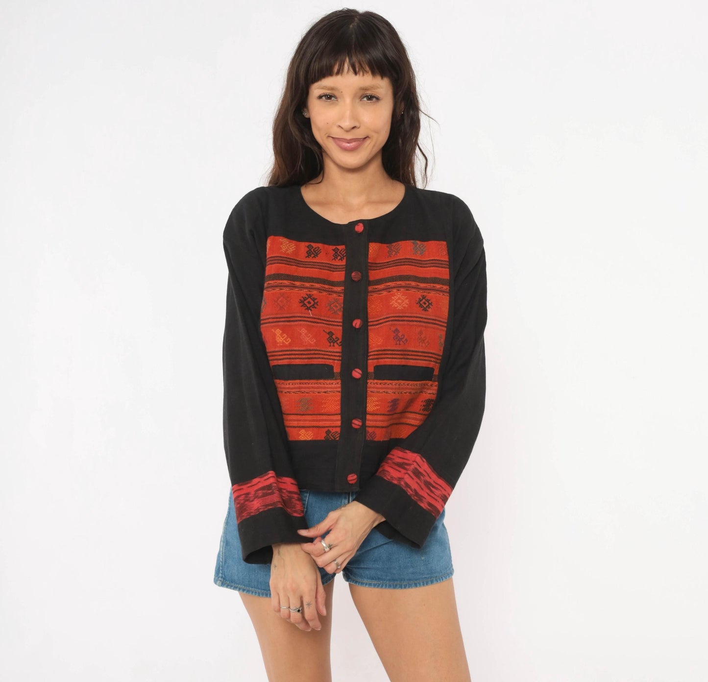 90s Black Cotton Ikat Woven Jacket Red Geometric Folk Art Medium M