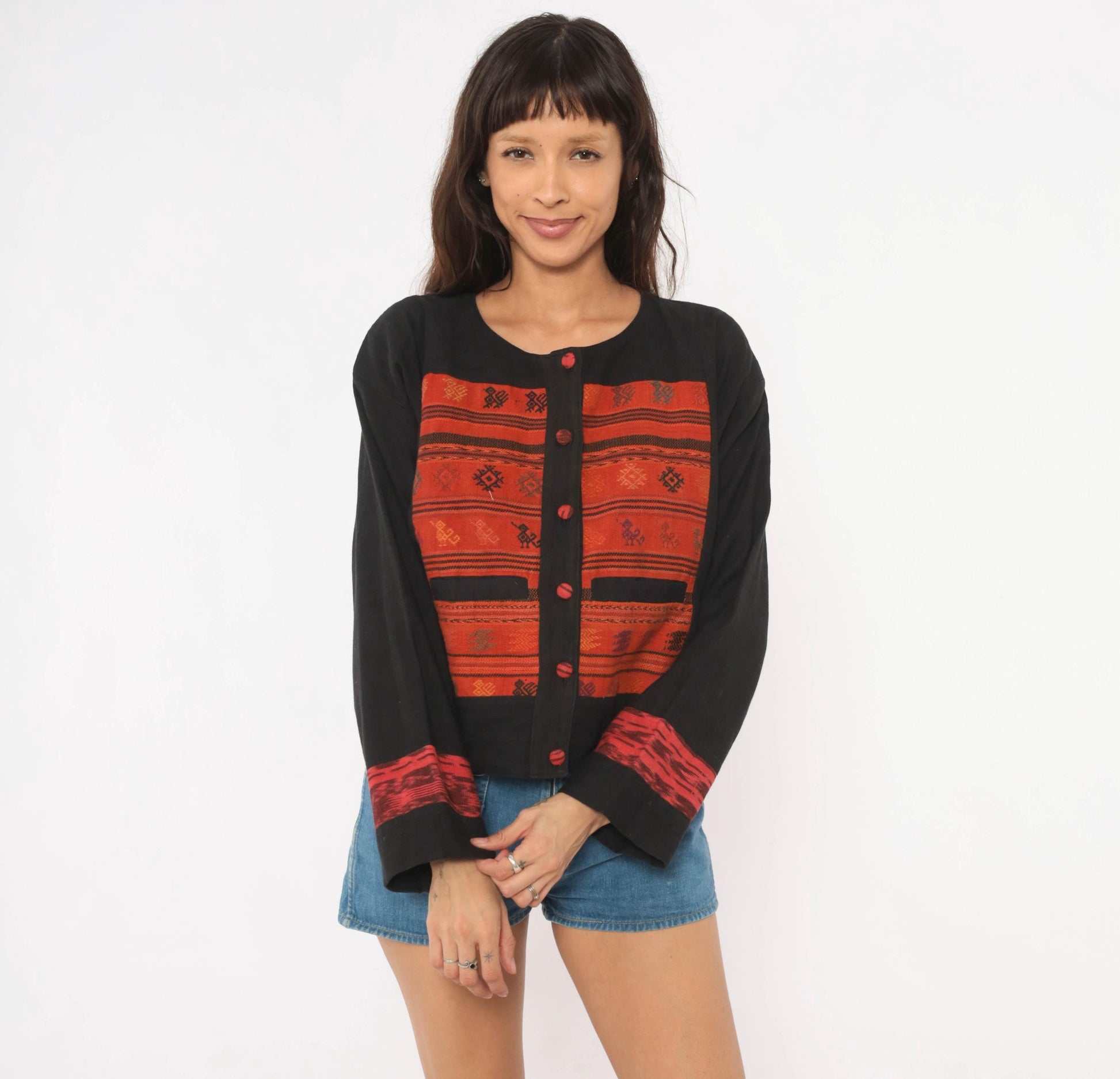90s Black Cotton Ikat Woven Jacket Red Geometric Folk Art Medium M