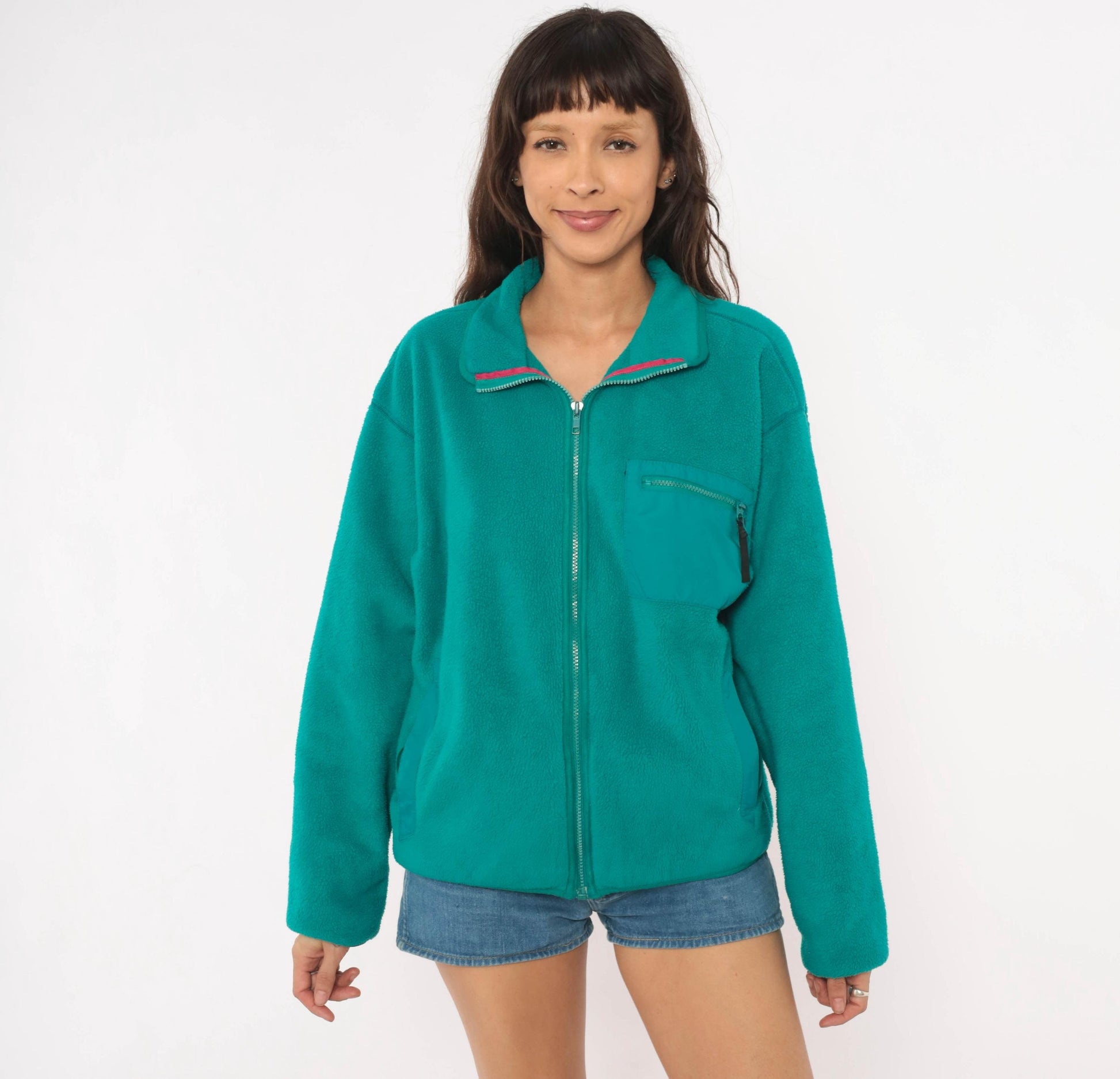 90s Patagonia Teal Fleece Full Zip Jacket Pink Trim Large L
