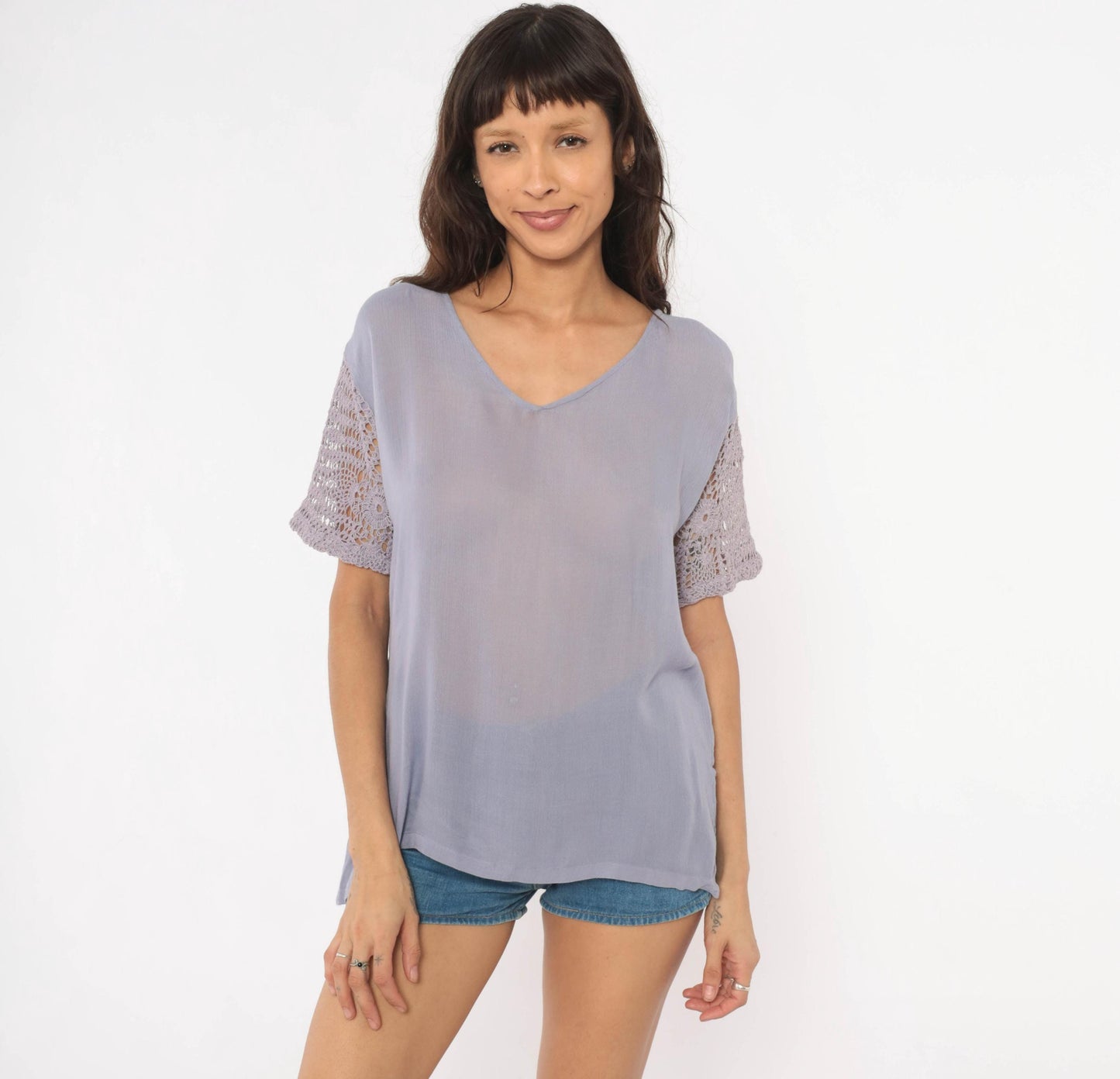 90s Marisol Lavender Crochet Sleeve Blouse Semi Sheer V-Neck Small