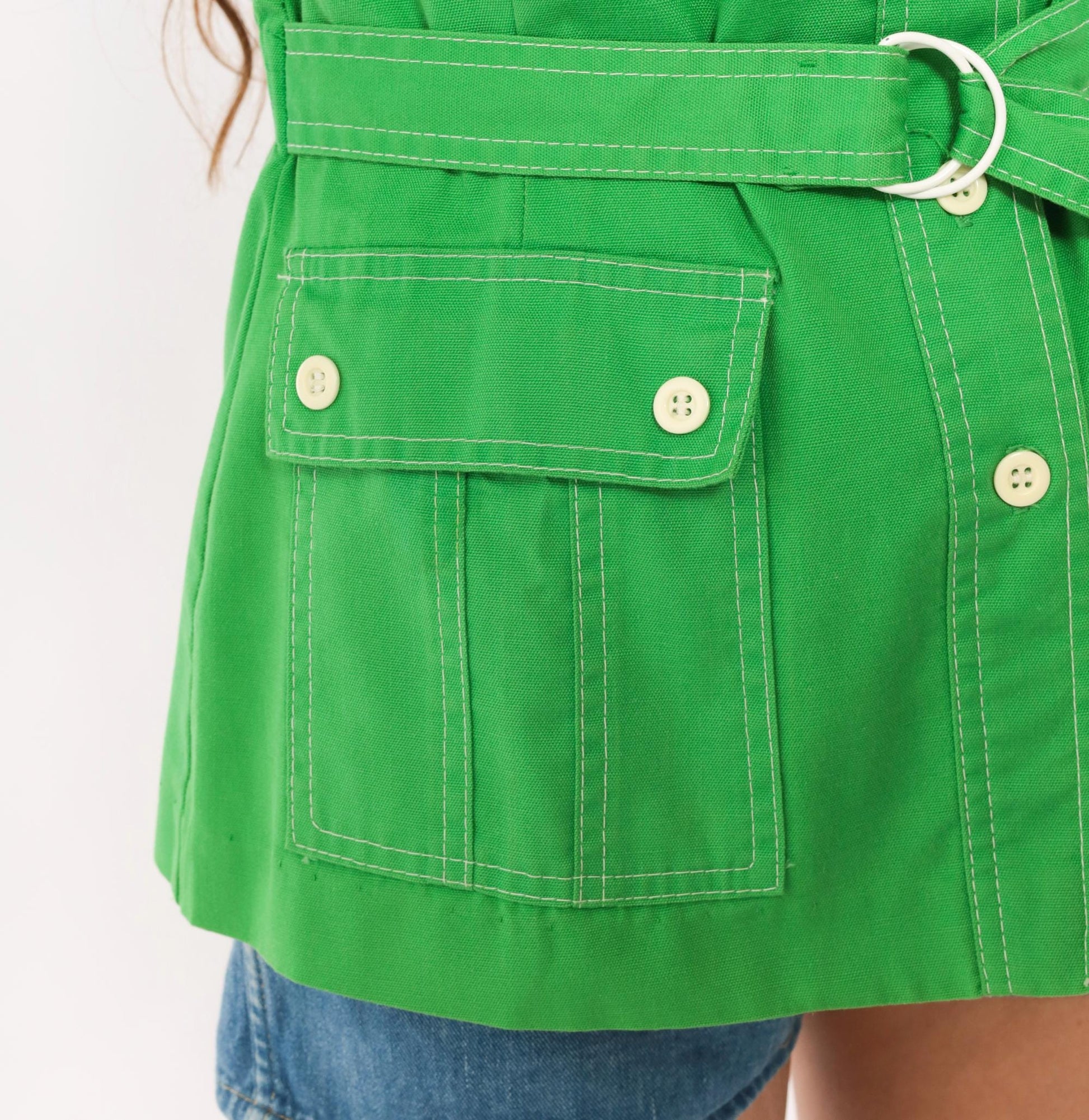 70s Bronson of California Safari Blouse Green Cotton Pointed Collar Small