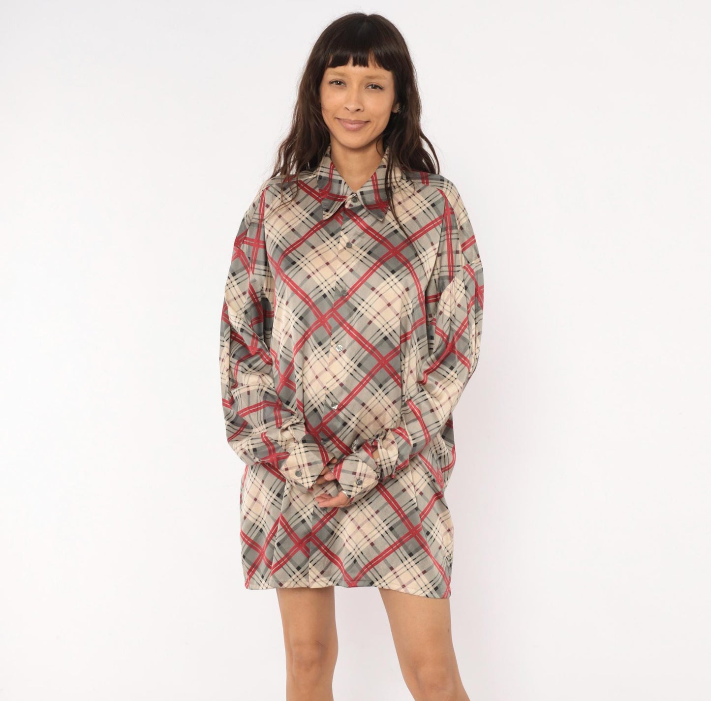 70s Monzini Plaid Button-Front Shirt Burgundy Pointed Collar Extra Large XL