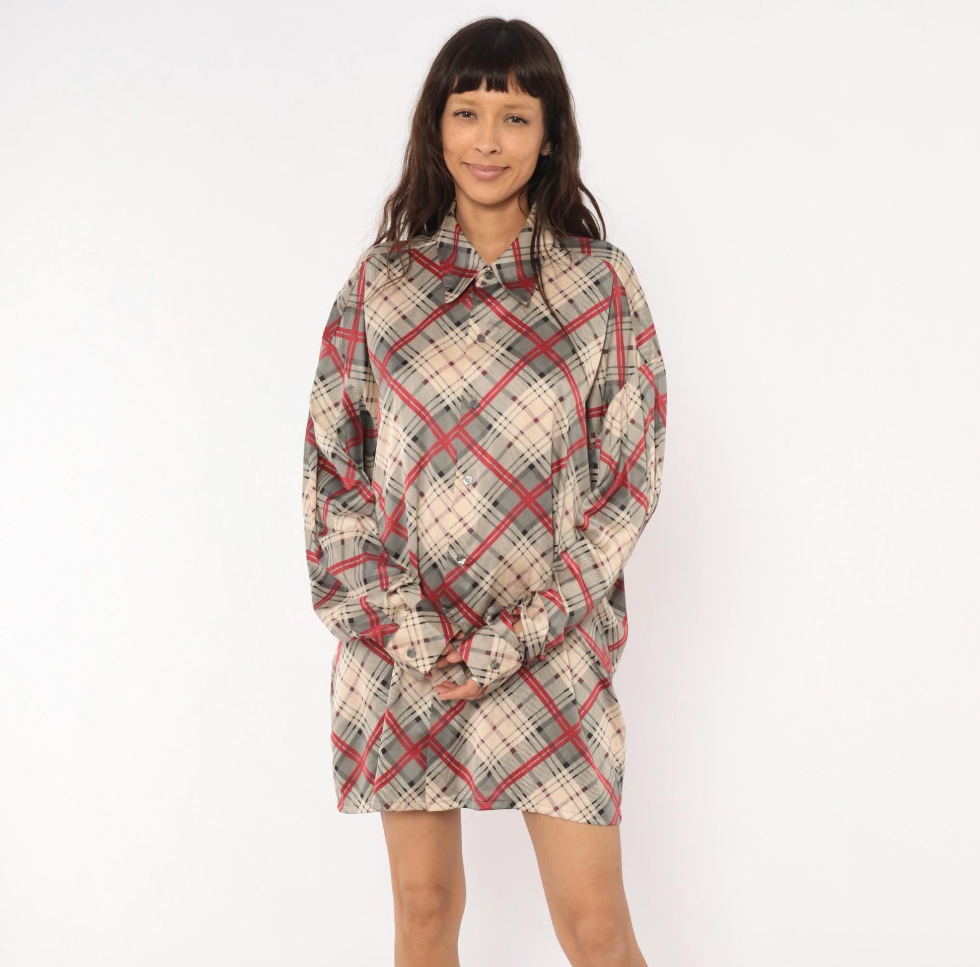 70s Monzini Plaid Button-Front Shirt Burgundy Pointed Collar Extra Large XL