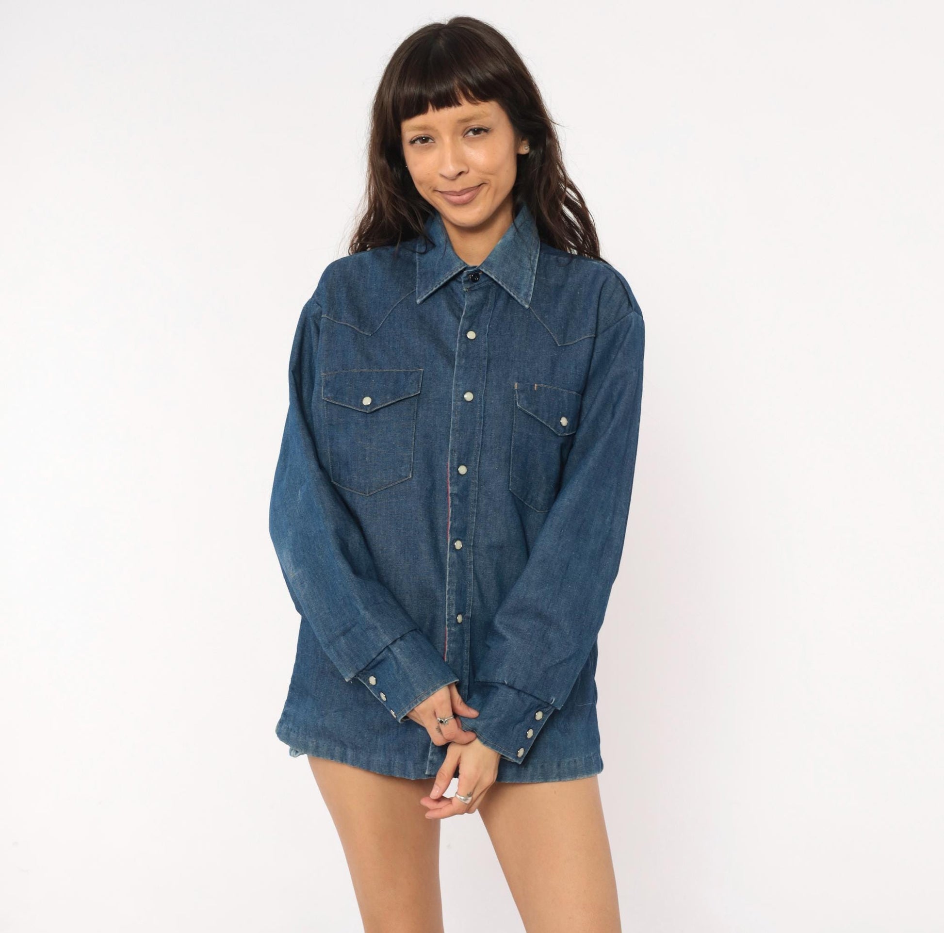 80s JC Penney Western Denim Shirt Cobalt Blue Pearl Snap Yoke Medium
