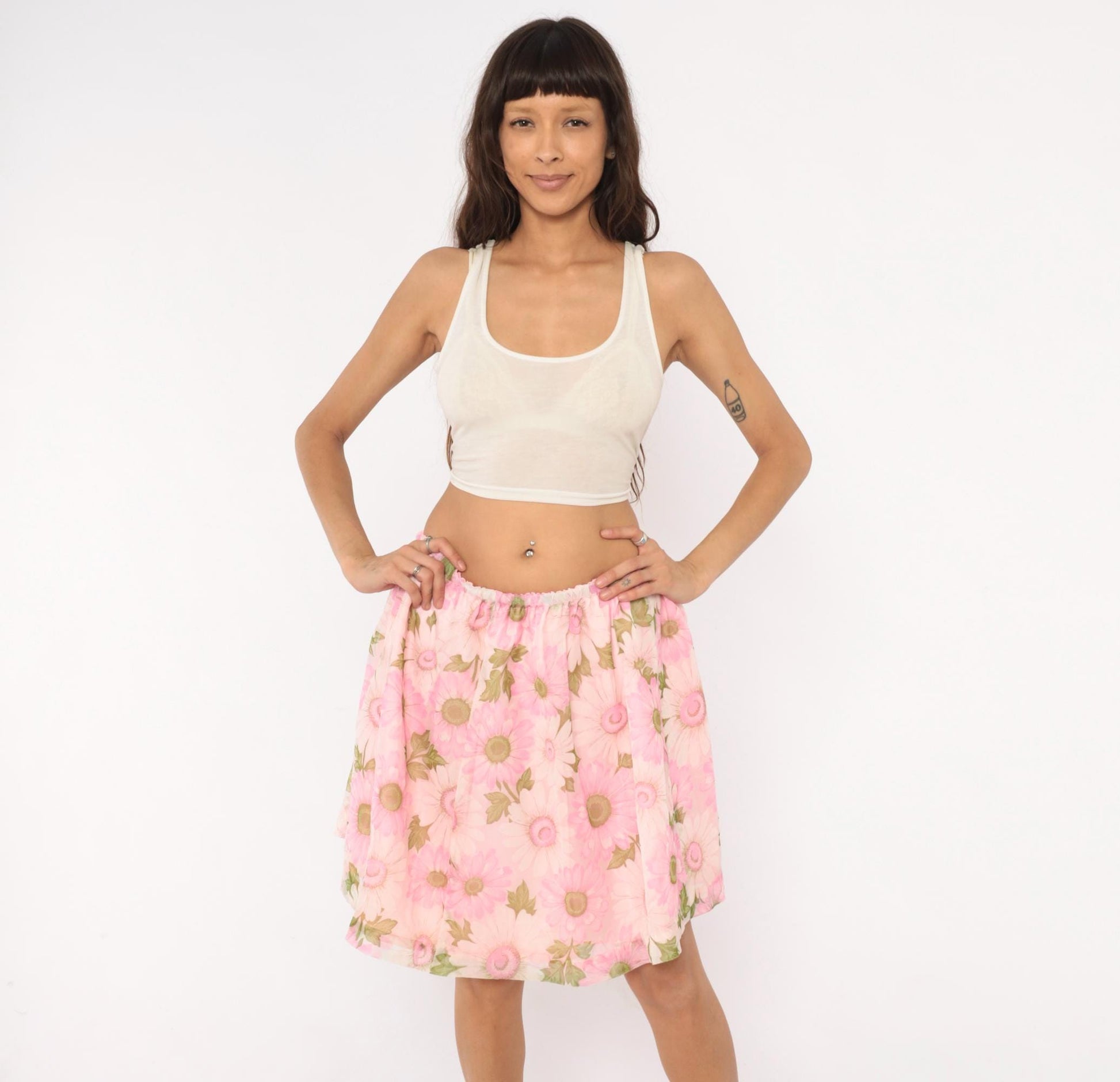 70s Pink Daisy Floral Skirt Gathered Waist A-Line Knee Length Medium Large