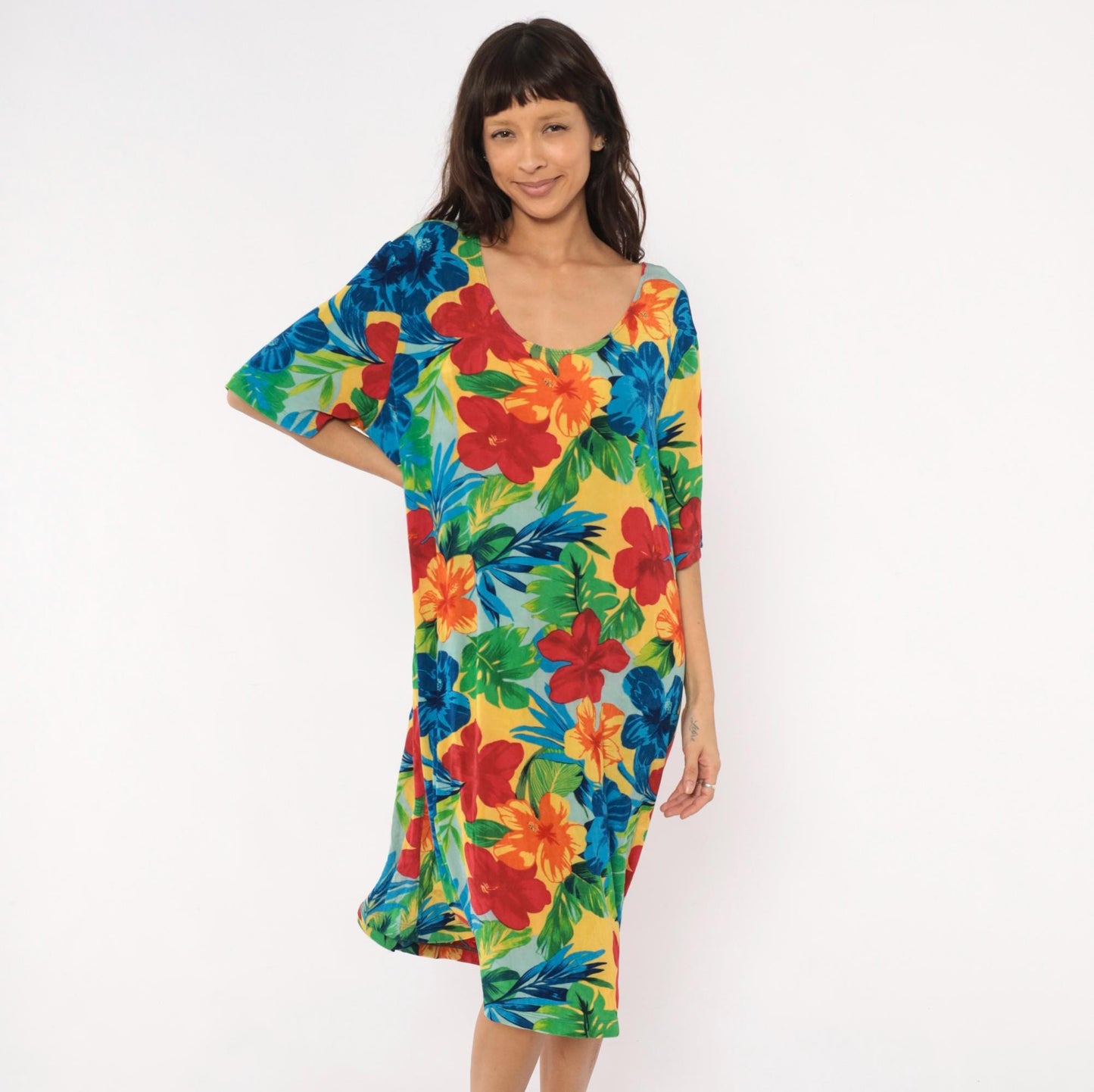 90s Slinky Brand Tropical Hibiscus Dress Scoop Neck Half Sleeve Plus Size XXL
