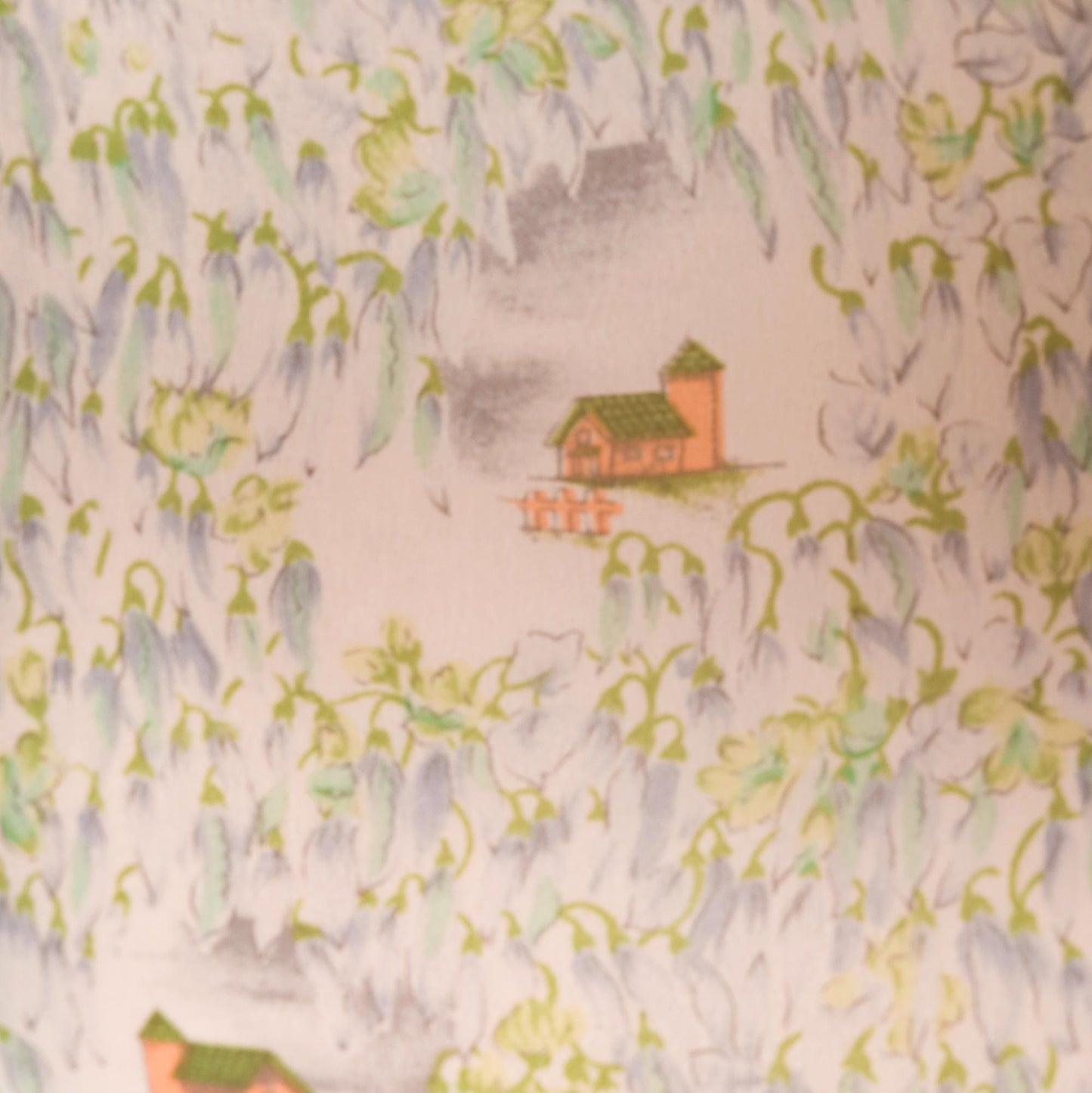70s Tall Shop Cropped Sheer Blouse Pastoral Landscape Print Green Blue Small Medium