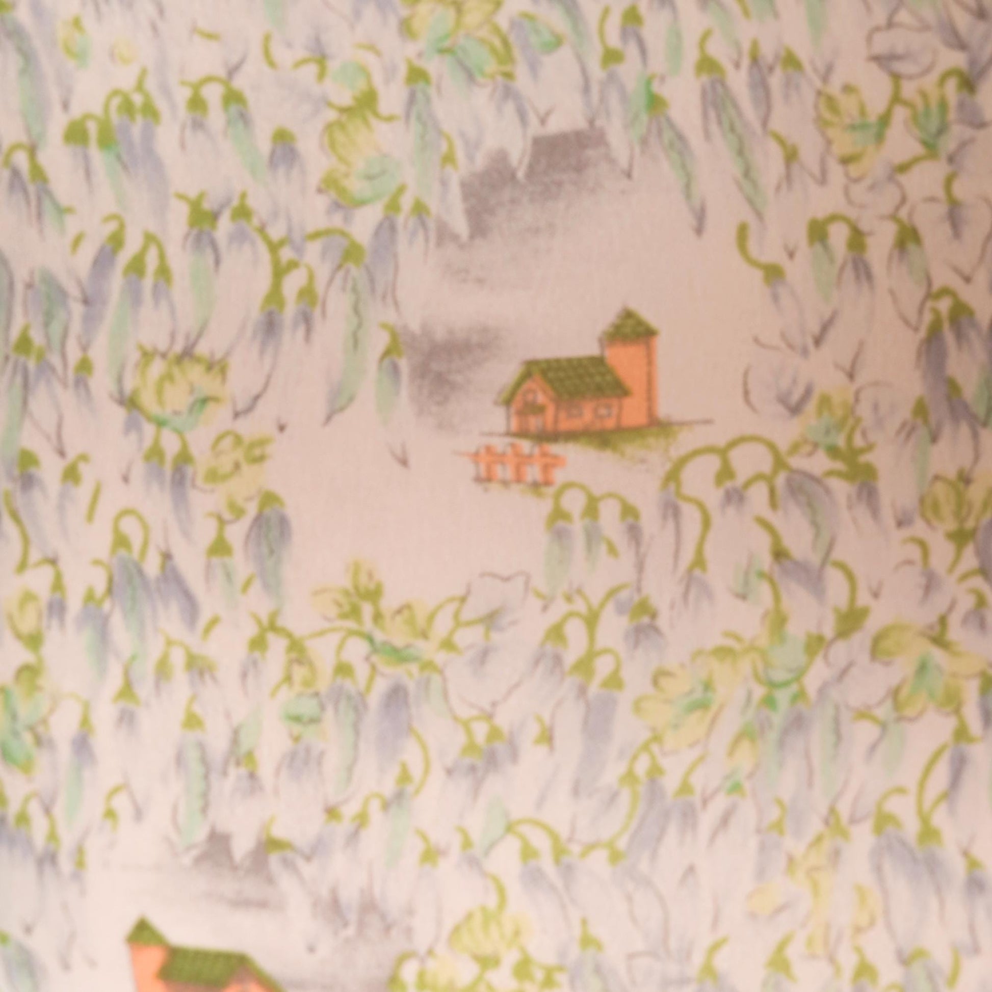 70s Tall Shop Cropped Sheer Blouse Pastoral Landscape Print Green Blue Small Medium
