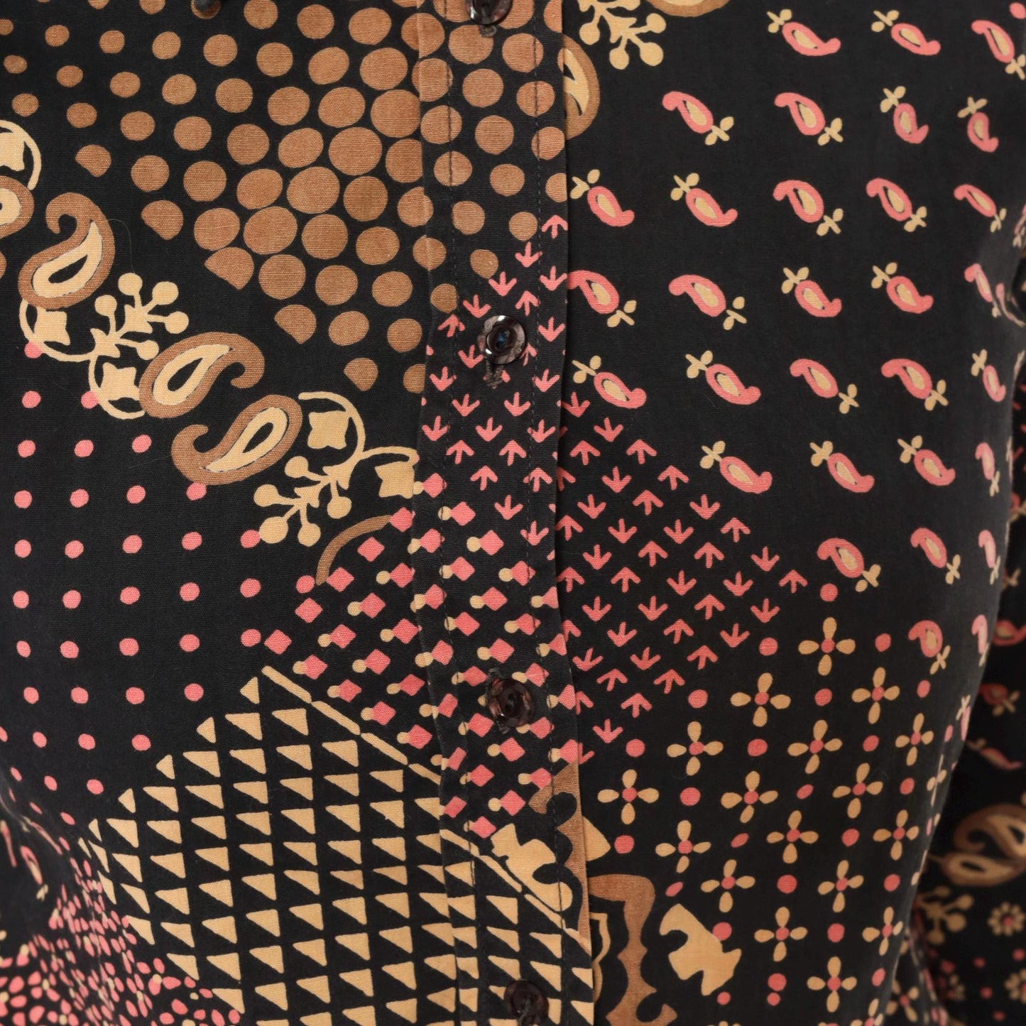 70s Gina Fashion Patchwork Button Blouse Black Pink Tan Paisley Cotton Extra Small