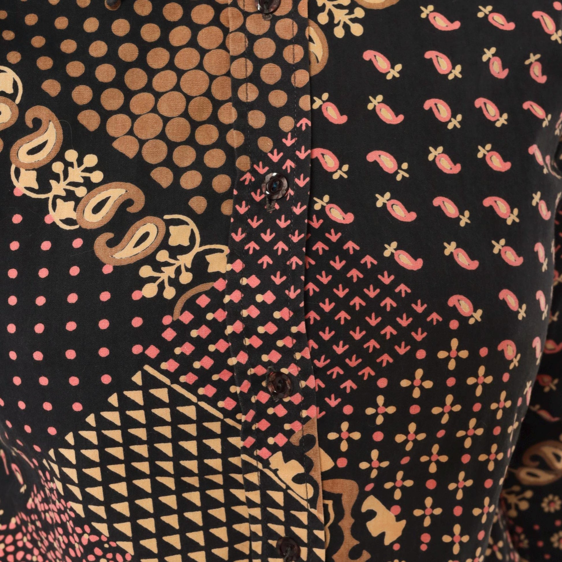 70s Gina Fashion Patchwork Button Blouse Black Pink Tan Paisley Cotton Extra Small