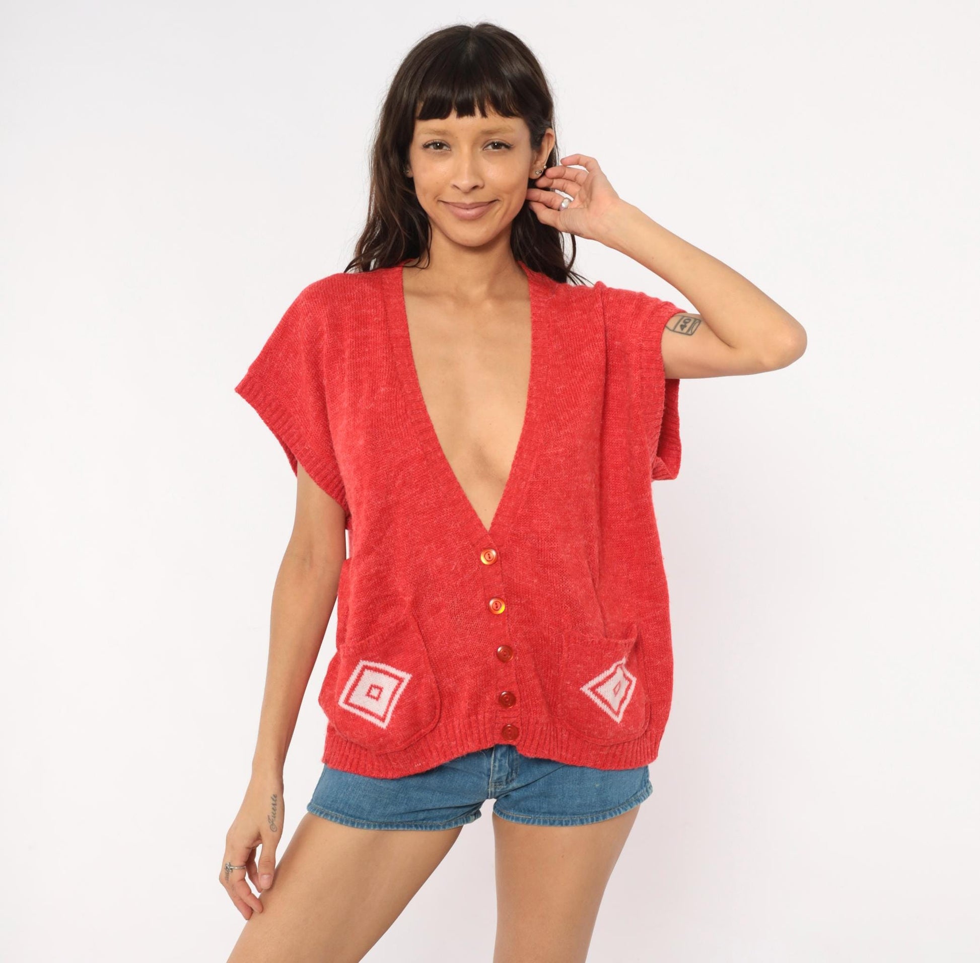 80s Red Knit Vest Button Front V Neck Diamond Pocket Cardigan Large L