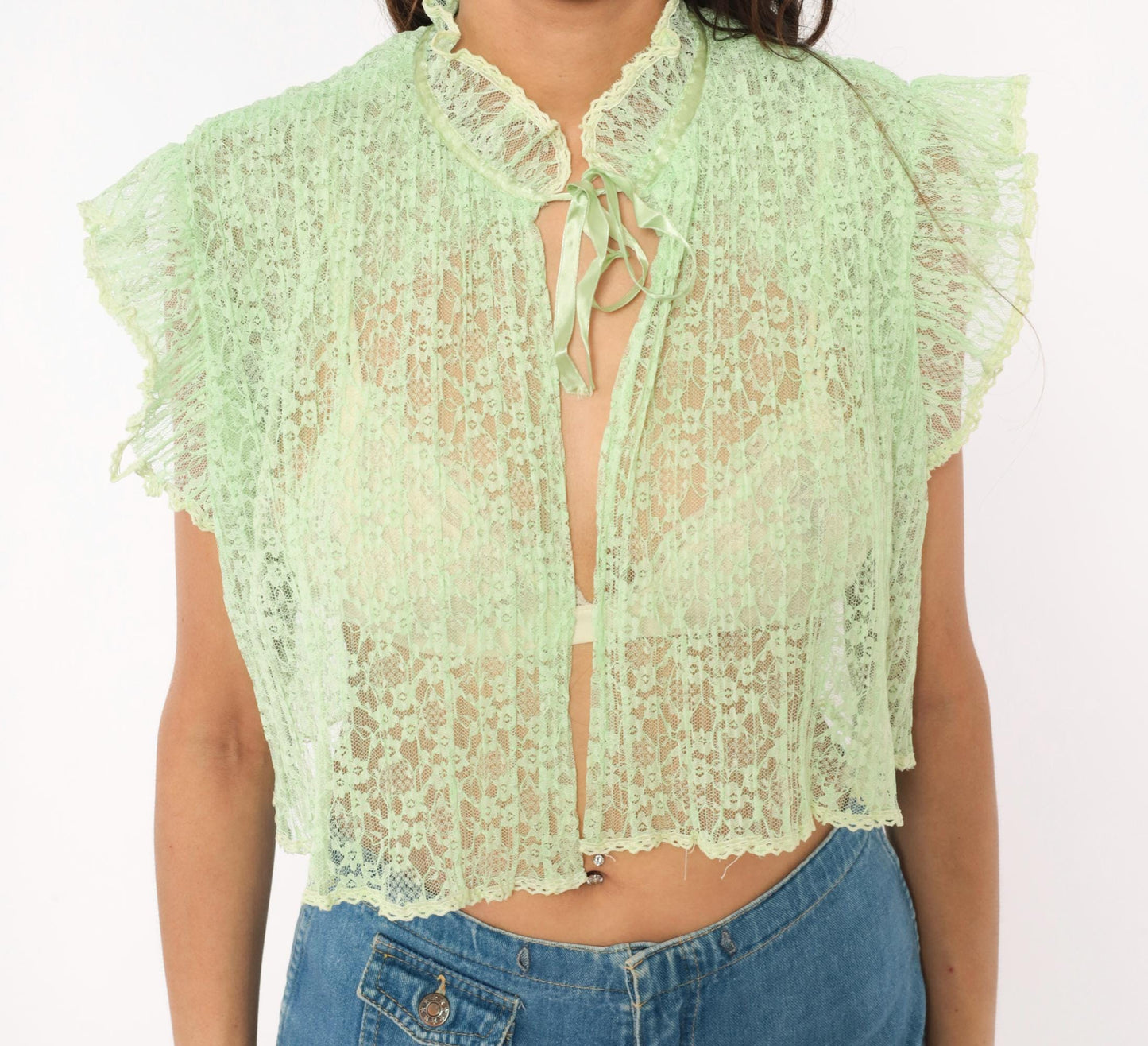 70s Mint Green Lace Crop Top Floral Sheer Ruffle Collar Small