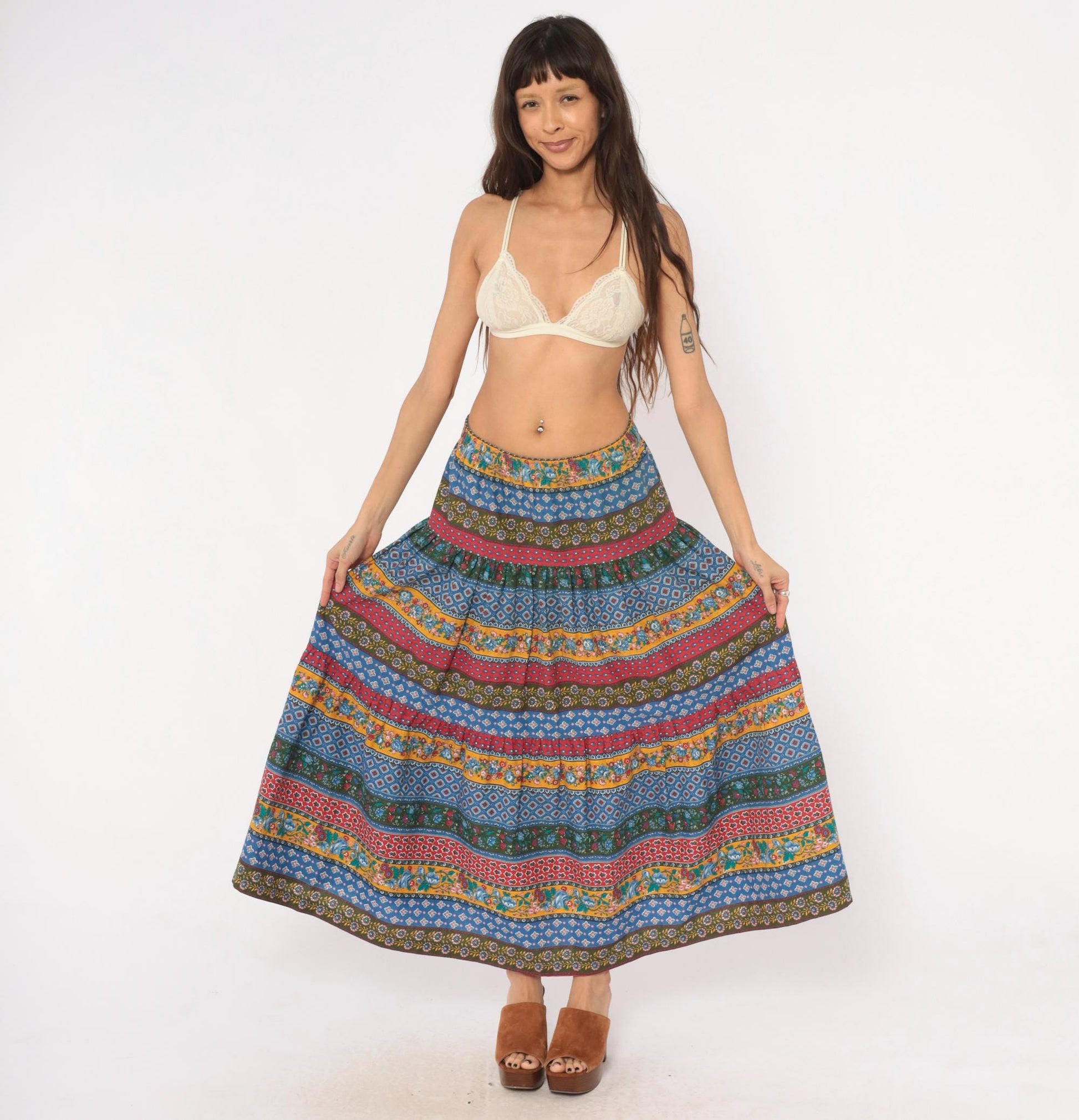 80s Anne Marie Patchwork Tiered Maxi Skirt Floral Striped Cotton Medium M