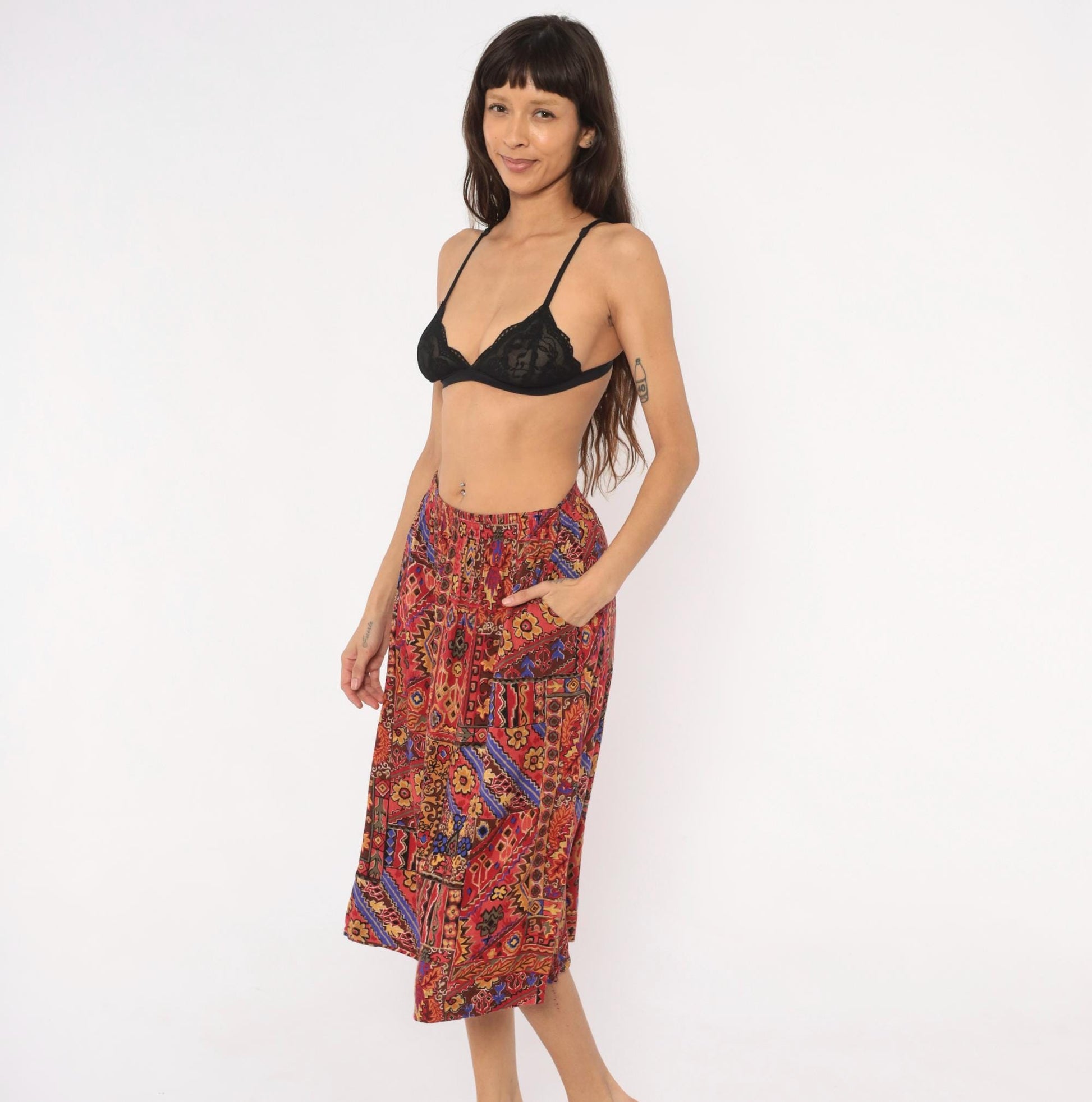90s Block Island Patchwork Midi Skirt Kilim Print Red Burgundy Small