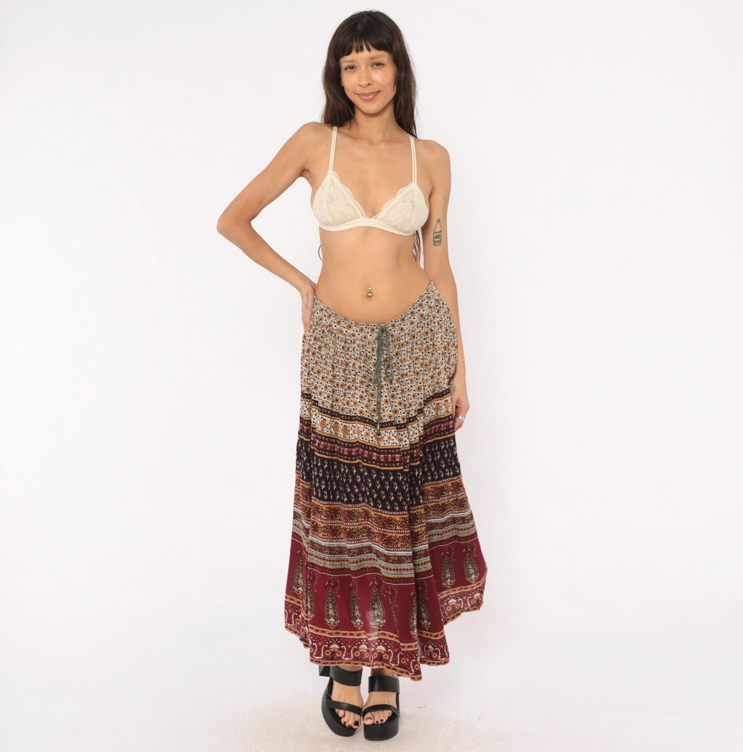 90s Sag Harbor Indian Block Print Maxi Skirt Burgundy Paisley Drawstring Large L